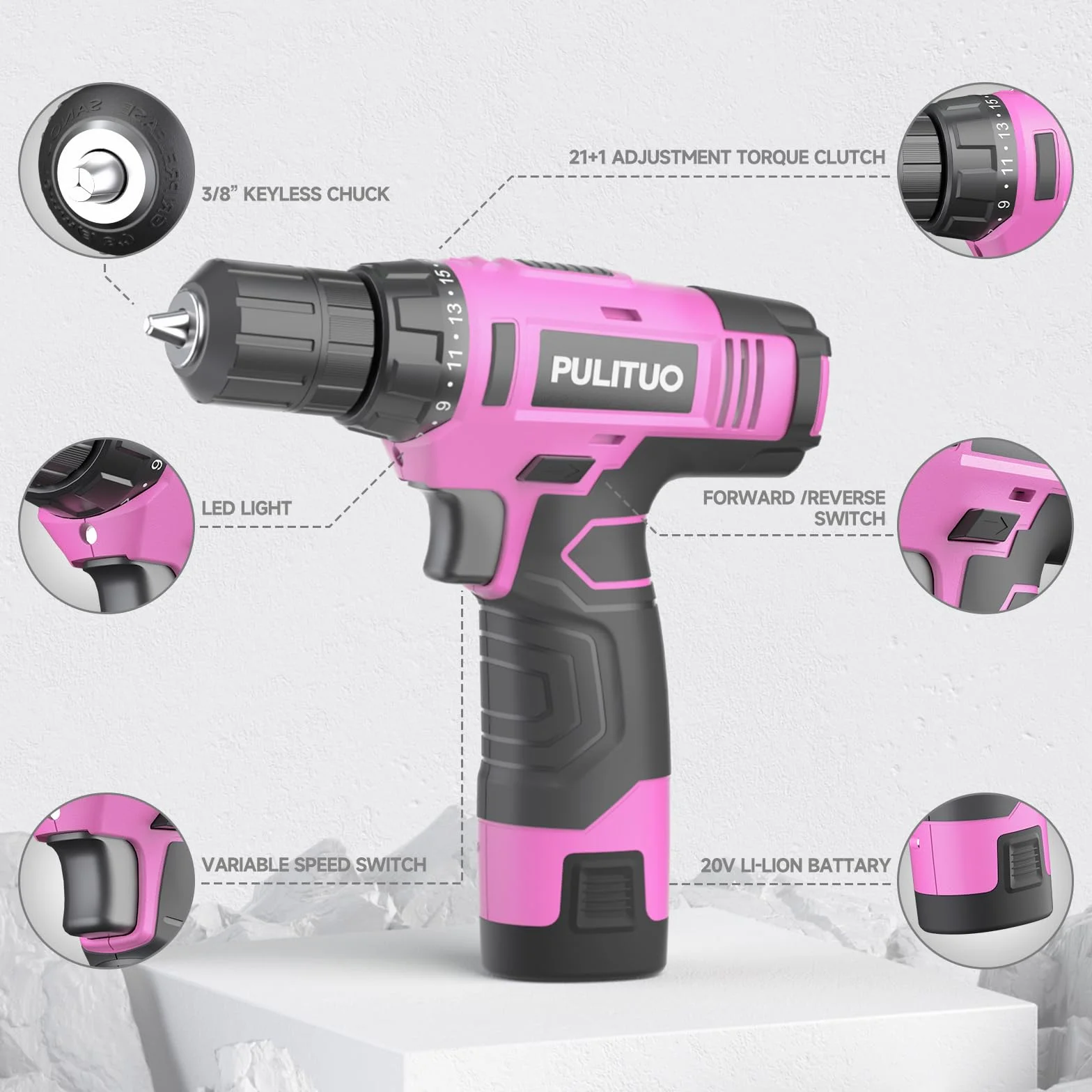 PULITUO 12V taladro inalámbrico, juegos de brocas de perforación de gran alcance con la batería de Li-Ion, 21 + 1 Ajuste de par, 3/8 "pulgadas portabrocas sin llave, taladro eléctrico.