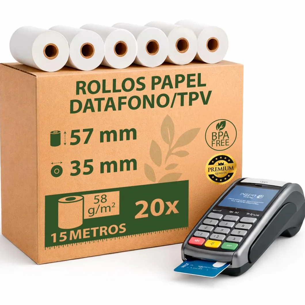 Papel Térmico TPV 57x35x12 mm - Para Impresora de Tickets, Papel Datáfonos TPV - Sin BPA, Blanco - Alta Resolución y Durabilidad (Pack 20 Rollos)