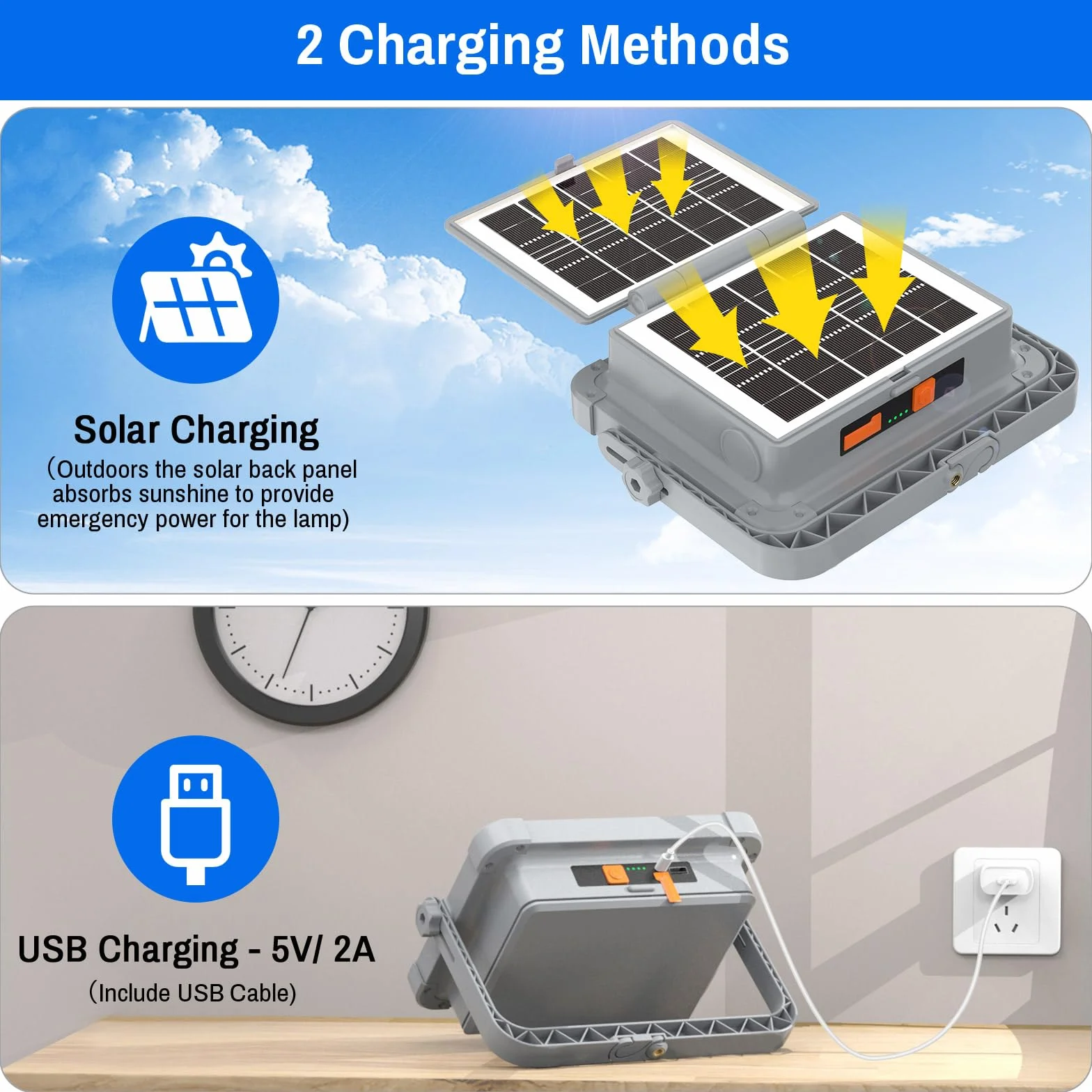 ERAY Foco LED Recargable 150W, Foco de Trabajo Portátil con Doble Panel Solar Batería de 9000mAh/336 LEDs/4 Modos de Luz/IP66/Banco de Energía para Camping, Emergencia, Trabajo