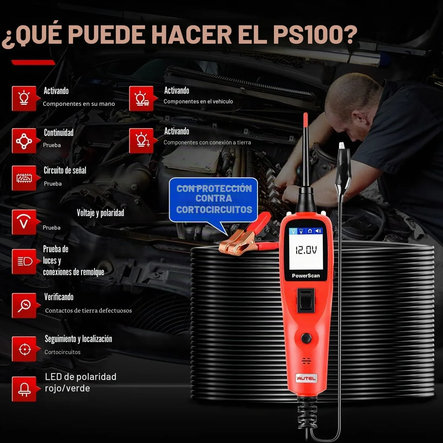 Autel PowerScan PS100 Kit Sonda Circuito, Herramienta Diagnóstico Sistema Eléctrico 12V 24V,Lectura Resistencia Corriente CA/CC, Activación Componente,Prueba Corto/Tierra/Continuidad/Remolque,6M Cable