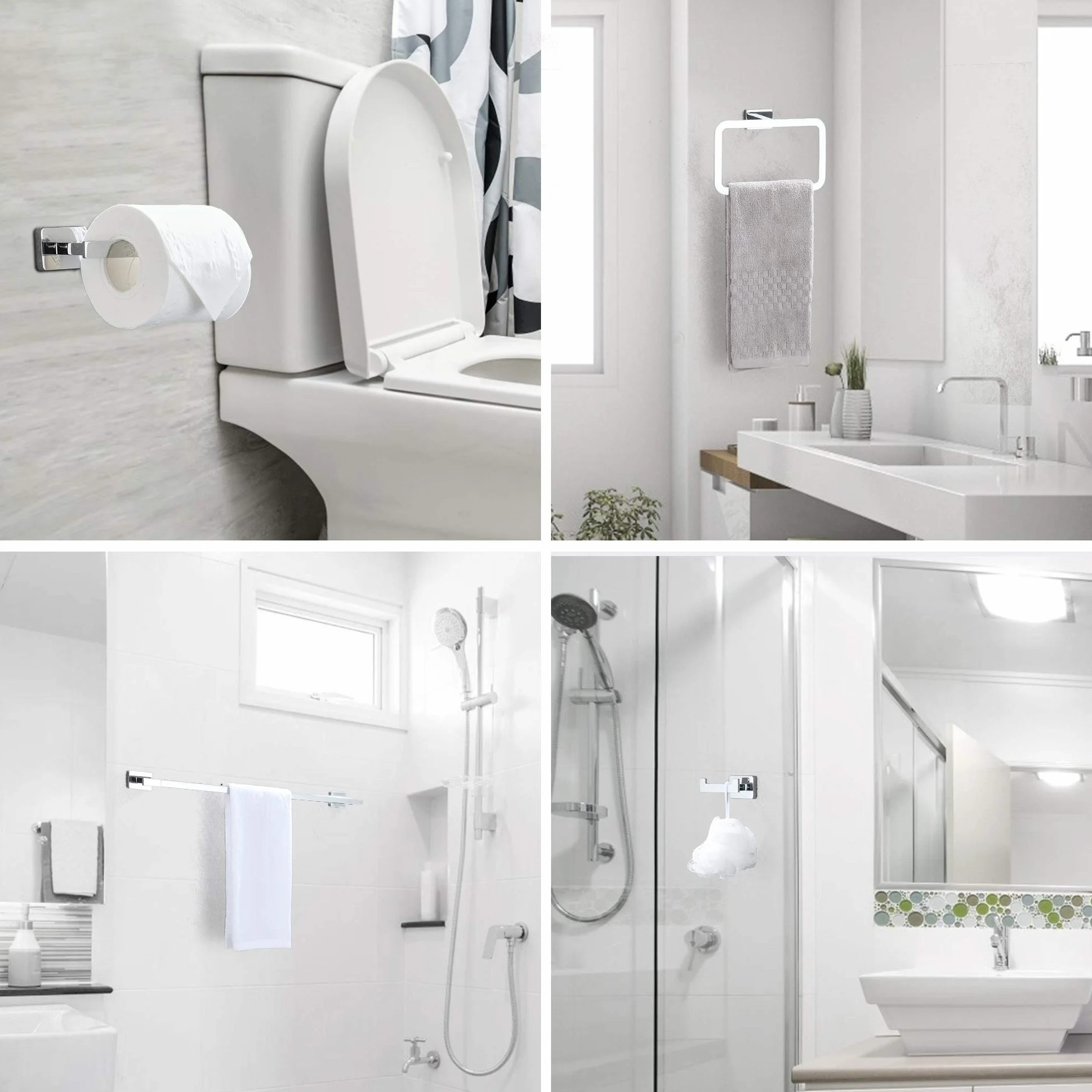 DUFU Juego de Accesorios de Baño 4 en 1 Acero Inoxidable - Toallero Bar 40cm + Soporte para Papel Higiénico + Anillo + Ganchos | Perforación | Plata Brillante