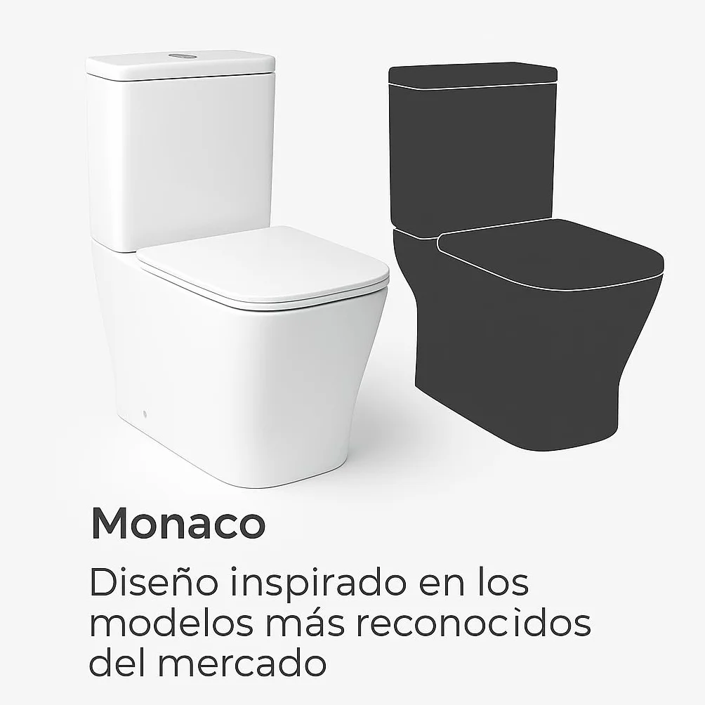 Novo bath - Inodoro Compacto Rimless Serie Mónaco – Estilo Tipo The Gap, Doble Descarga 3/6L, Salida Dual, Asiento UF Soft Close, Cisterna Incluida, Esmalte Antibacterias, Pegado a Pared