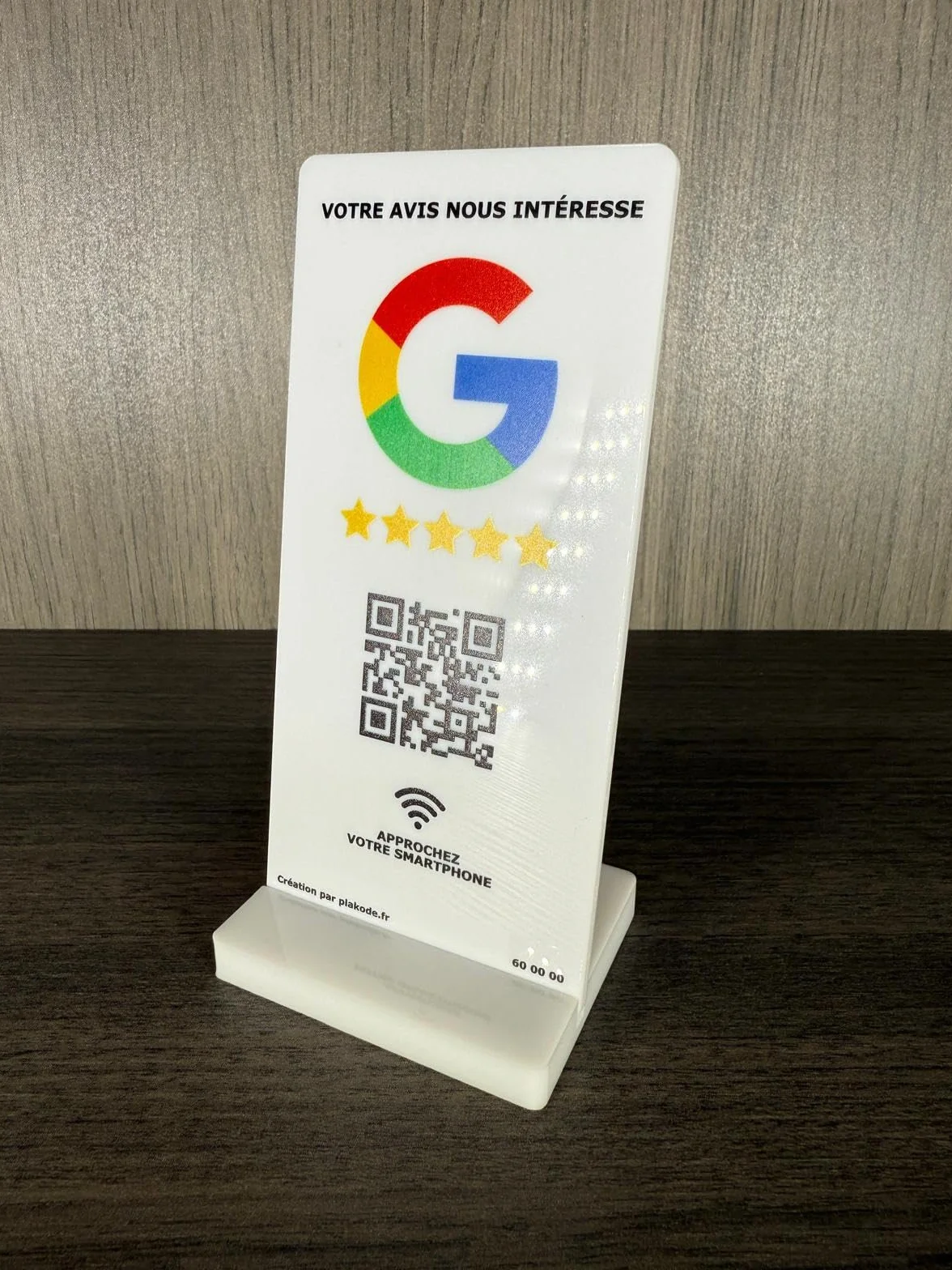 Placa NFC y código QR con soporte vertical para comentarios de Google - 15x7 cm - Ideal para letreros y restaurantes, soporte vertical (blanco)