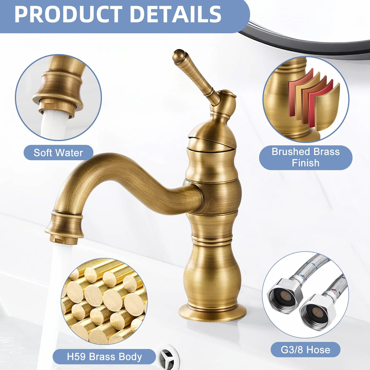 kisimixer Grifo Lavabo Vintage, Puede Girar 360 ° Grifo Monomando Lavabo, Grifo Baño Lavabo de Latón, Solo Agujero Grifo de Lavabo Baño Antiguo con Aireador, Acabado Dorado Estéril