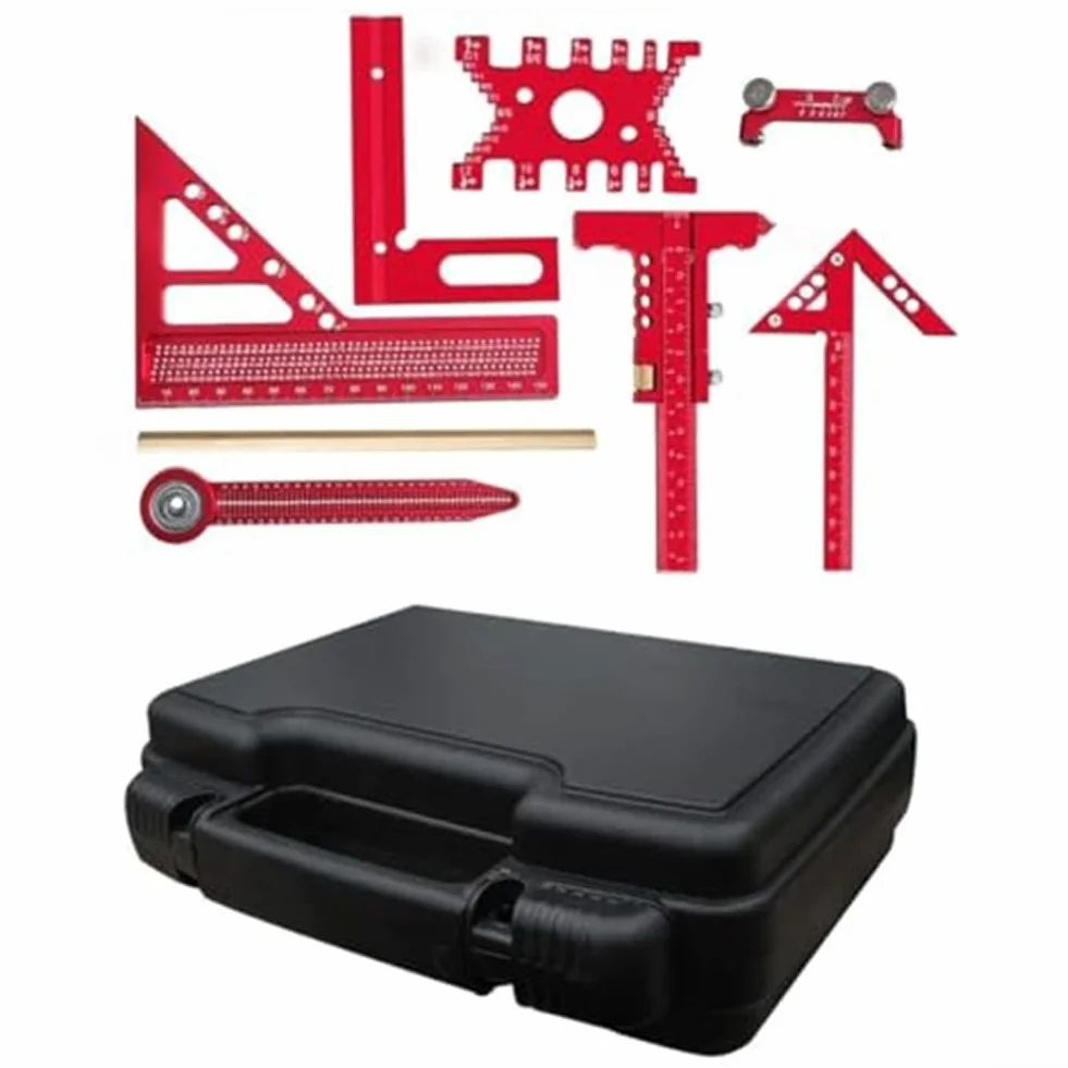 Aleación de aluminio Kit de medición y diseño de carpintería con reglas, calibradores, bloques de marcado y herramientas de afilado (6)