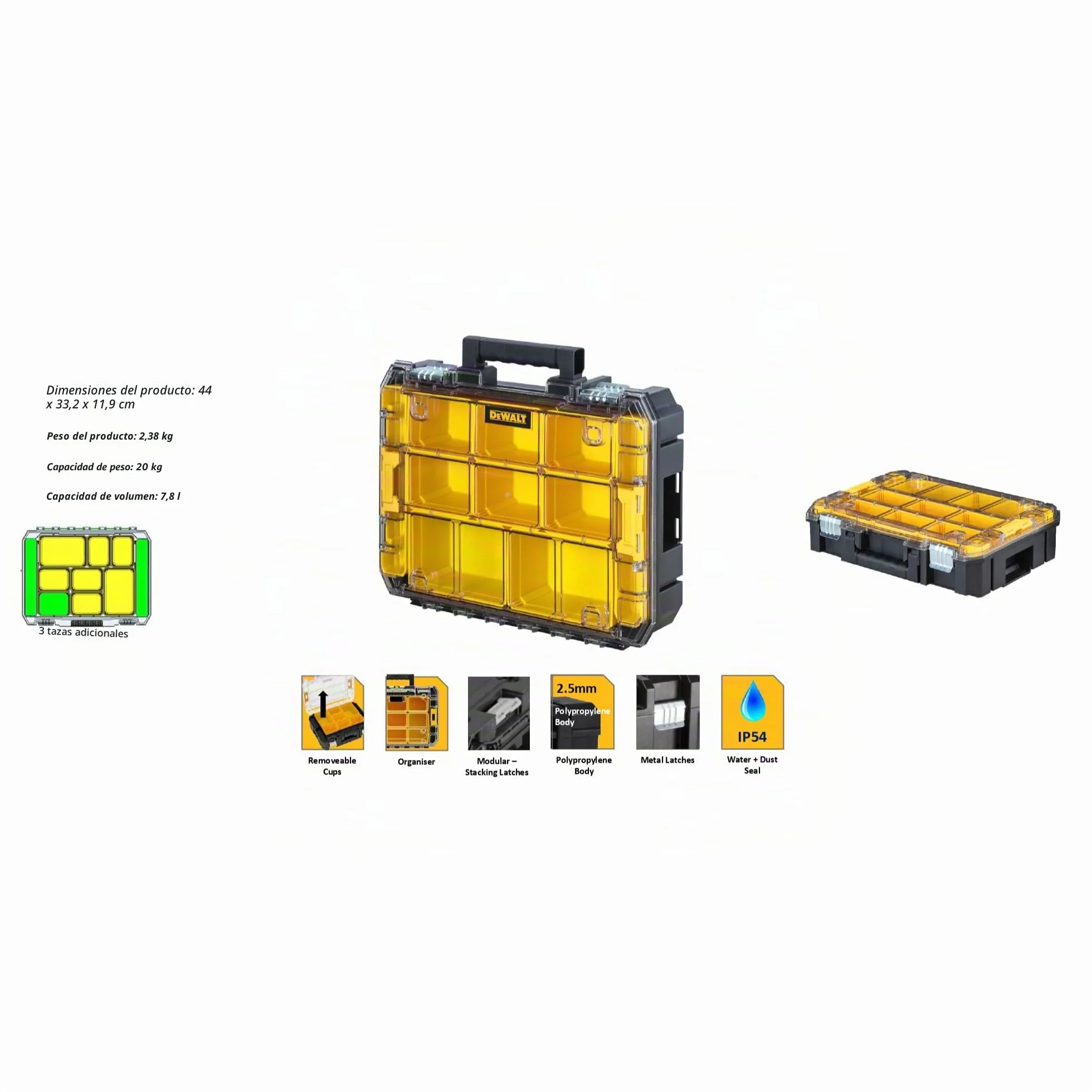 DEWALT DWST82968-1, Organizador con tapa transparente TSTAK V, IP54, Volumen 7,8L, Para piezas pequeñas y accesorios, Tapa de policarbonato transparente
