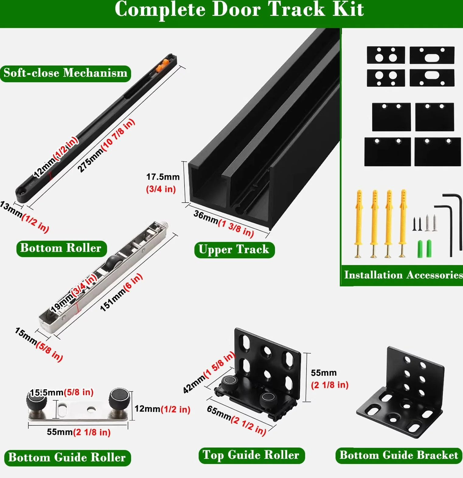 Kit Puerta Corredera Herrajes para Puerta Corredera Invisible Sin Riel, Riel Oculto con Cierre Suave para Efecto de Puerta Flotante, Riel de Puerta de Aluminio Negro(72cm(28.3in))