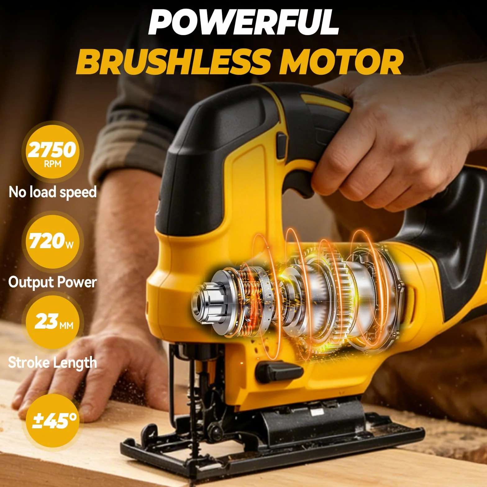 Sierra de calar inalámbrica compatible con baterías DEWALT de 18 V/20 V, 20.000 rpm, motor sin escobillas, 4 posiciones de carrera, regulación de velocidad continua, carrera de 23 mm, 0-2750 carreras