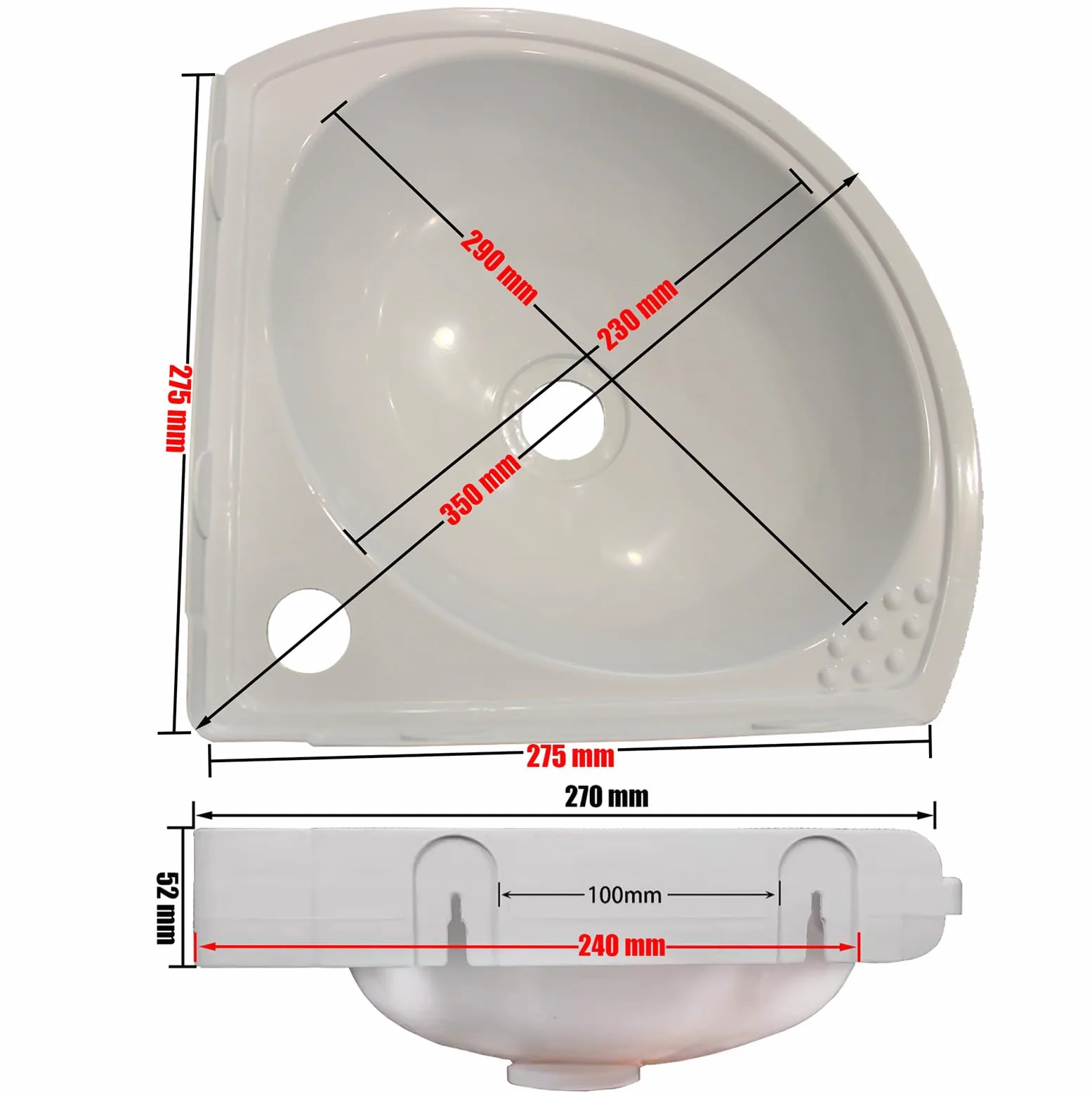 Lavabo de esquina para montaje en pared, 27,5 x 27,5 x 10 cm, plástico, blanco, con desagüe