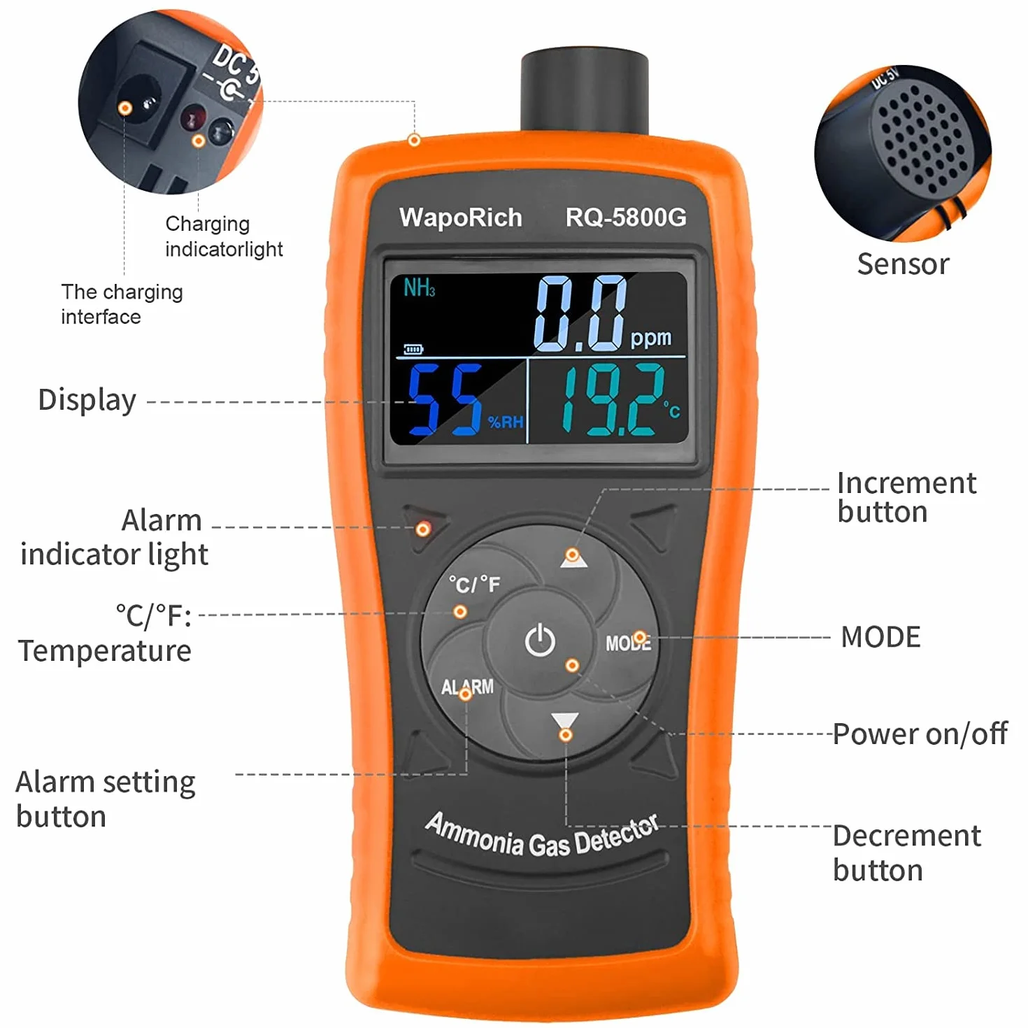 Detector de Gas Amoníaco 0~100 PPM Medidor de NH3, Detector de Partículas Recargable Medidor Profesional Monitor de Gas Amoníaco con Temp, Humedad para aves de Corral, Granja - RQ-5800G