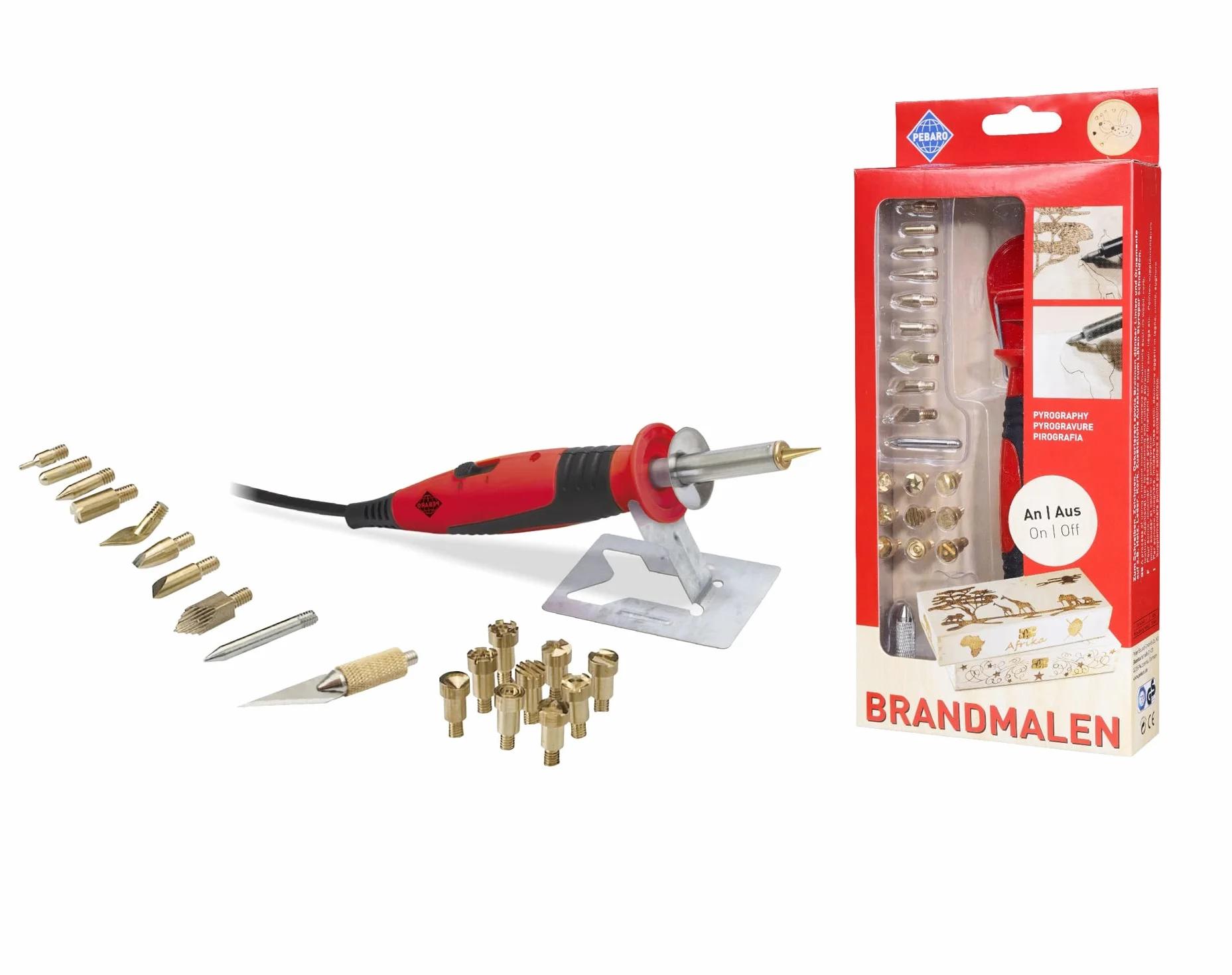 Pebaro 0262 Pistón de pirograbado con función de Encendido/Apagado, 9 Sellos de Fuego, 9 Puntas, Punta de Soldadura, Cuchillo de poliestireno, pirografía, pirografía, Quema de Madera, Quemador de