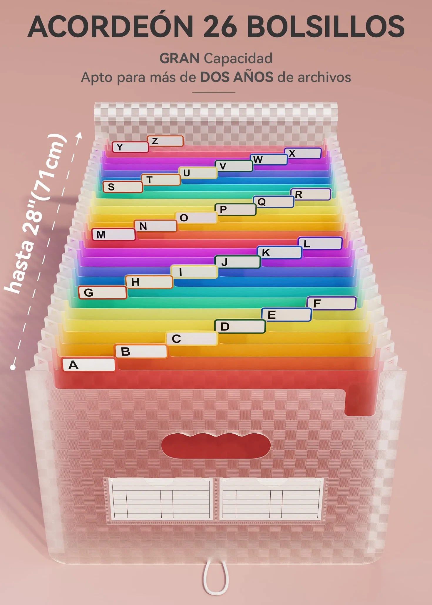 Carpeta Clasificadora de Acordeon A4 26 Bolsillos Plastico Archivador con Patron de Cuadricula Organizador Papeles Extensible Rosado