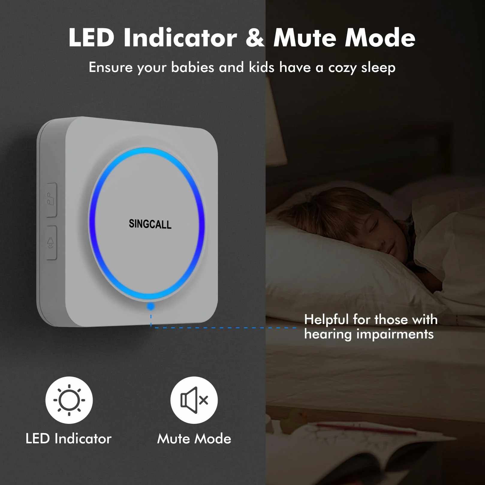 SINGCALL Receptor LED Portátil Recargable Inalámbrico con 32 Tonos, Volumen Ajustable 0-100dB & Memoria, para Hogar/Garaje/Apartamento/Residencias de Mayores/Hospitales,1 Receptor LED Portátil