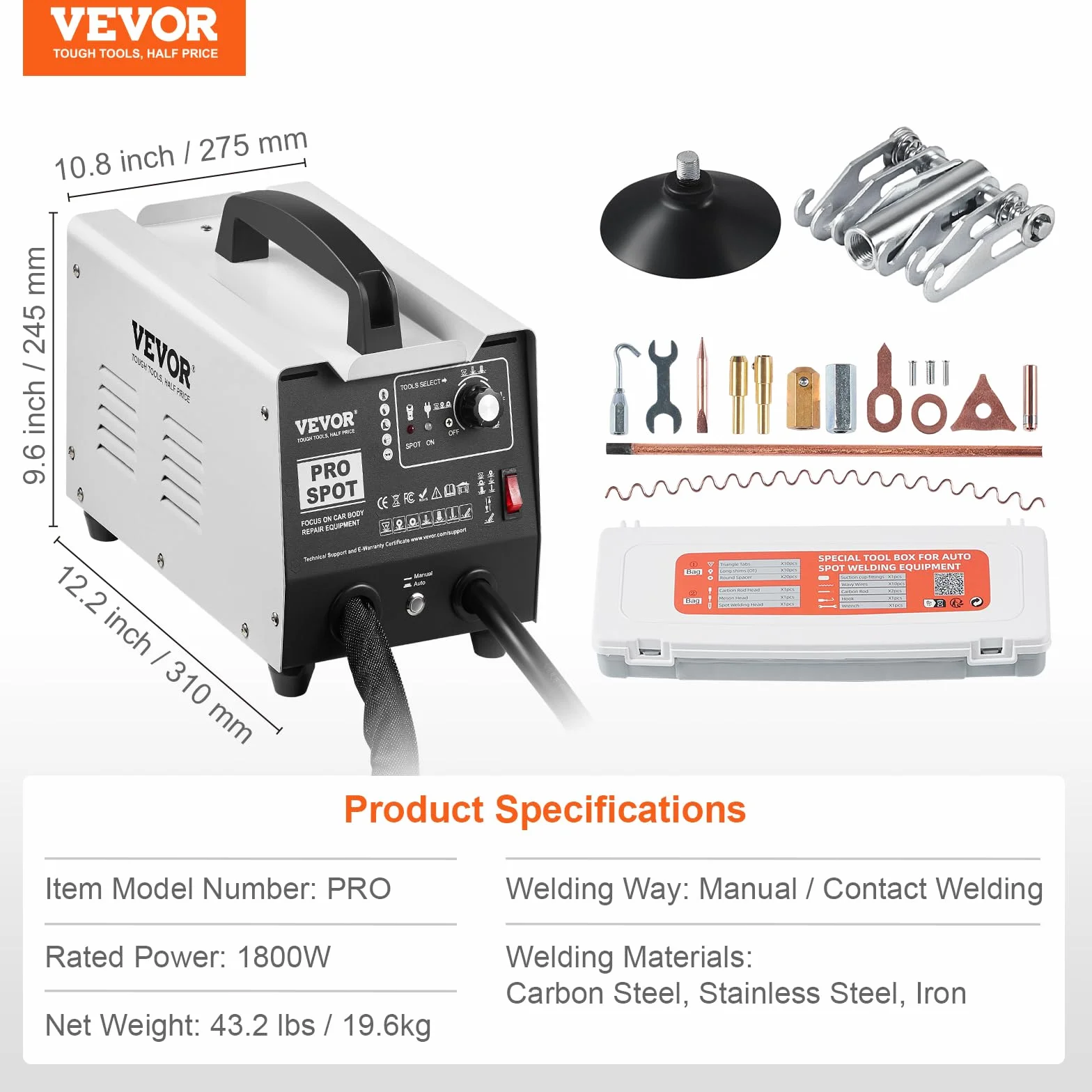 VEVOR Kit de Reparación de Abolladuras con Soldador de Pernos 1,8kW Extractor de Abolladuras con Soldador por Puntos con Soldadura Automática y Manual 7 Modos para Carrocería de Automóvil, Camión