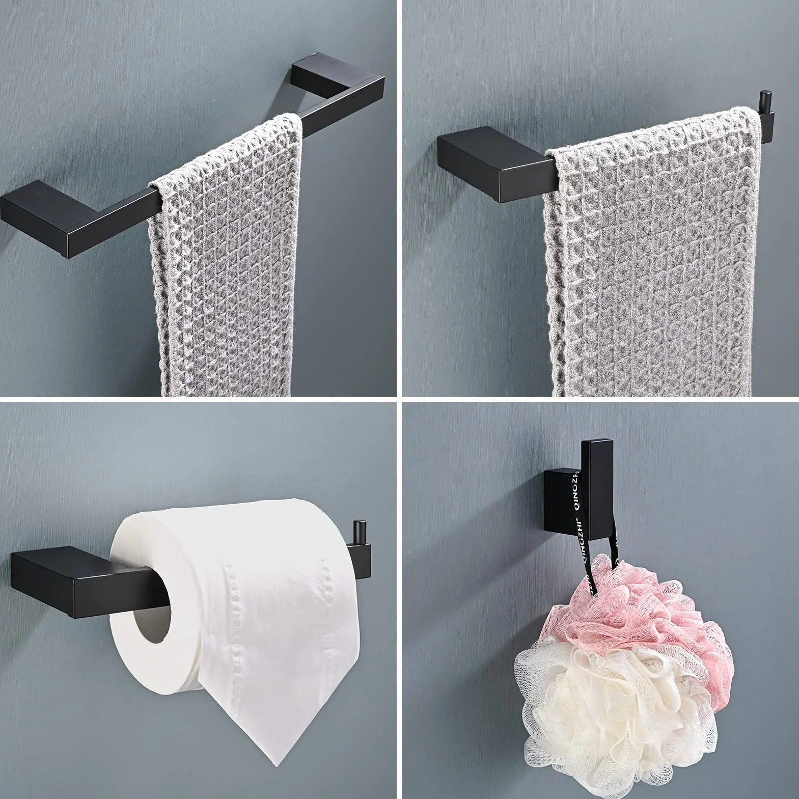 Accesorios Baño Set de 5 Piezas, Toalleros de Baño de Pared Aluminio, Toallero 40cm, Toallero de Papel y Gancho para Toalla de Baño, Colgador Toalla Baño Juego Cuartos Set de Baño, Negro
