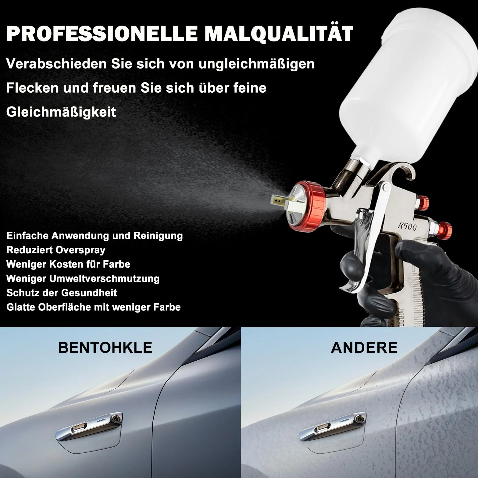 R500 LVLP Pistola de pulverización de aire, pistola de pulverización con 4 boquillas de 1,3/1,5/1,7/2,0 mm y regulador de aire, sistema de pulverización de color para coches y casa DIY (4 boquillas de