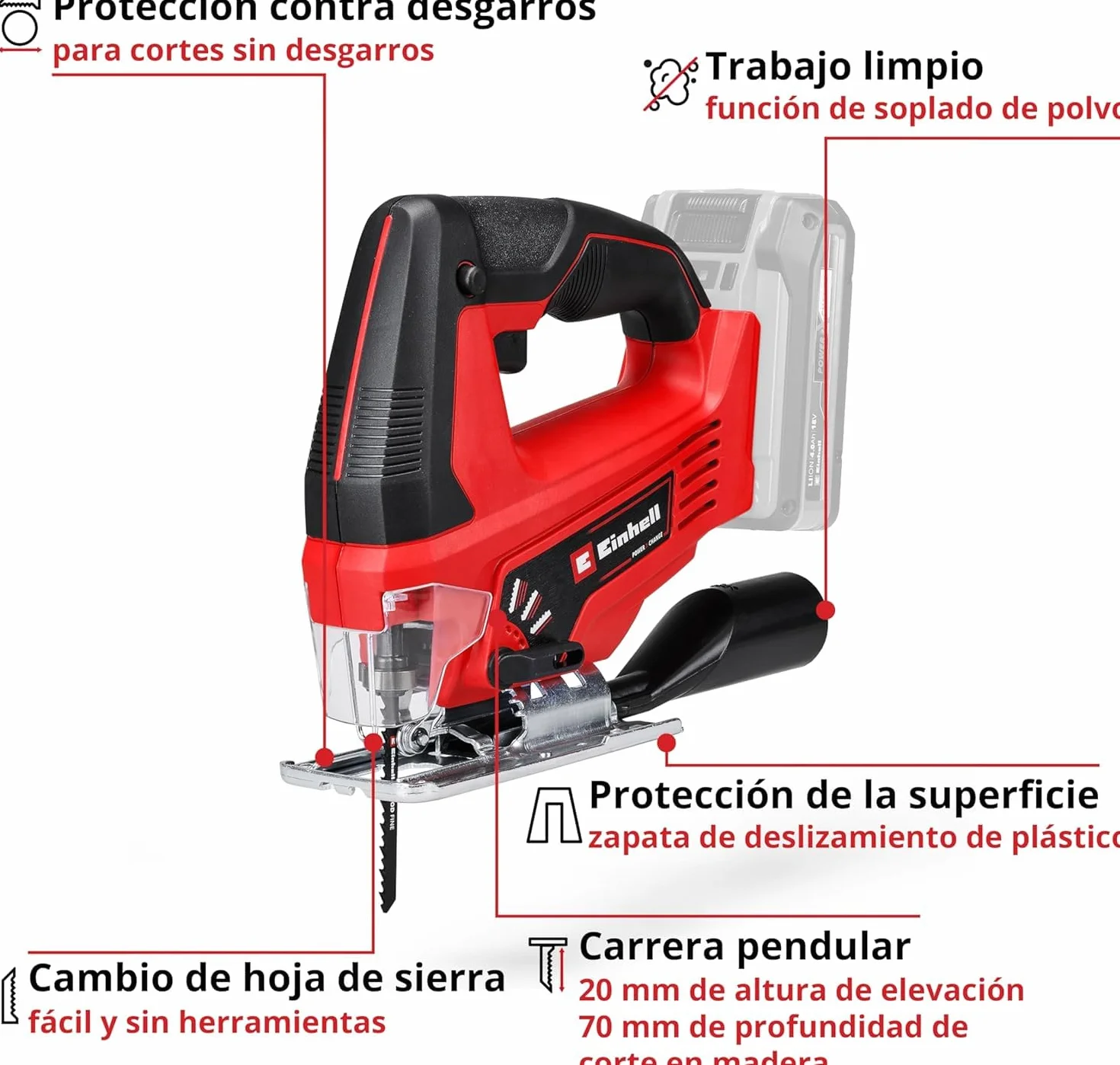 Einhell Sierra de calar a batería - TC-JS 18 Li - Solo Power X-Change. Litio-Ion, 18 V, incl. hoja de sierra de calidad KWB para madera, carrera pendular conmutable. No incluye cargador ni batería