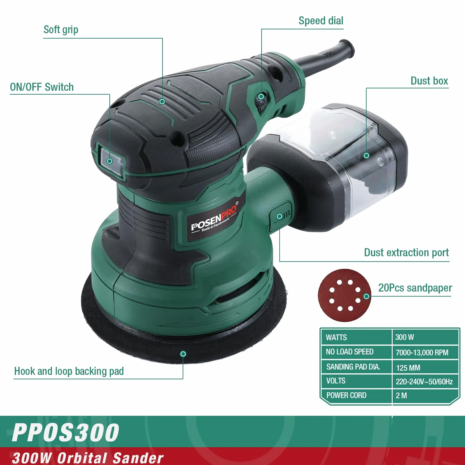 POSENPRO Lijadora Excéntrica 300W, Lijadora Orbital Aleatoria Ø125mm, 6 Velocidades, 7.000-13.000 Opm, Diámetro de Orbita 2.0 mm, 20 Hojas de Papel de Lija, Contenedor de Polvo