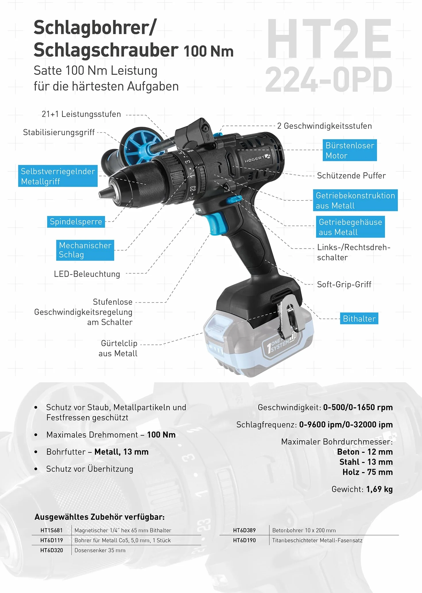 HÖGERT TECHNIK Set de taladro percutor a batería 18V, 200 Nm y 100 Nm, 2 atornilladores de impacto sin escobillas, 2 baterías, cargador 4A, iluminación LED, engranaje metálico, para madera y metal