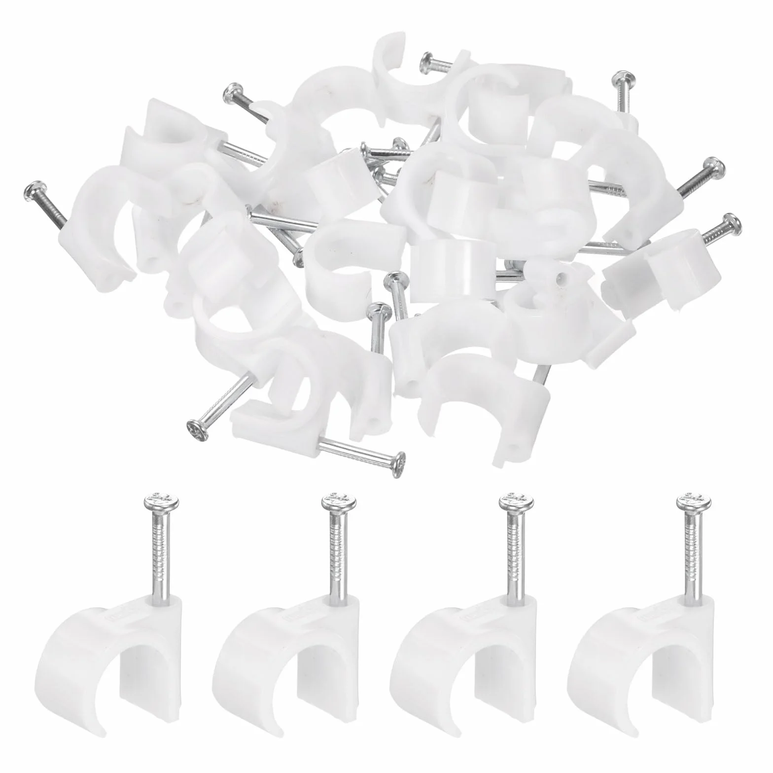 QUARKZMAN 50 Piezas De Grapas Para Cables Con Clavo De 16mm Gancho Circular Individual Media Abrazadera Gancho En J Con Clavo Grapas Para Cables Para Pared Blanco