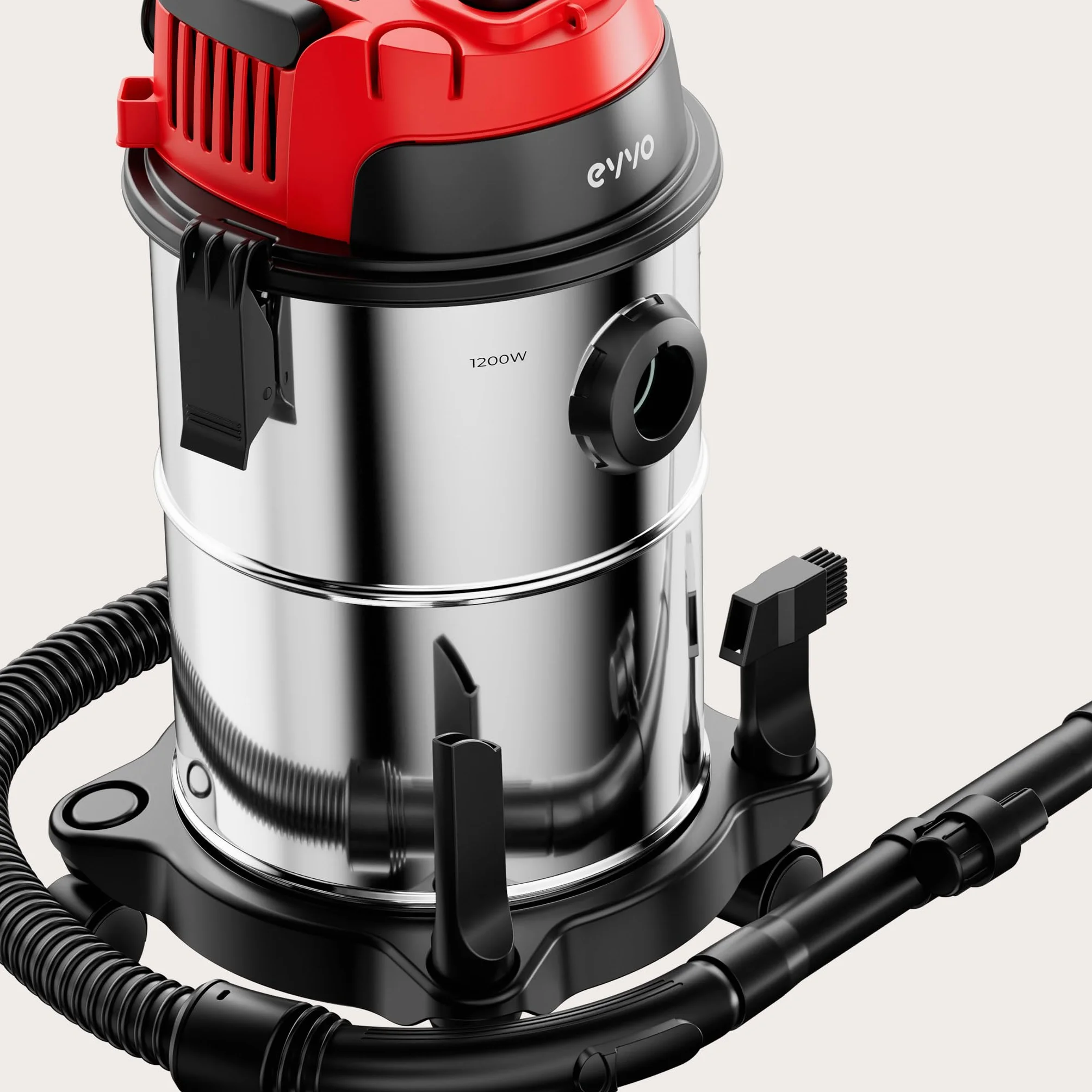 EVVO Aspirador de Sólidos y Líquidos – Aspiradora Wet & Dry, Depósito INOX, Filtro HEPA F7, Función Soplado con Válvula, Aspiradora Potente para Hogar, Taller y Coche (1200, Vatios)