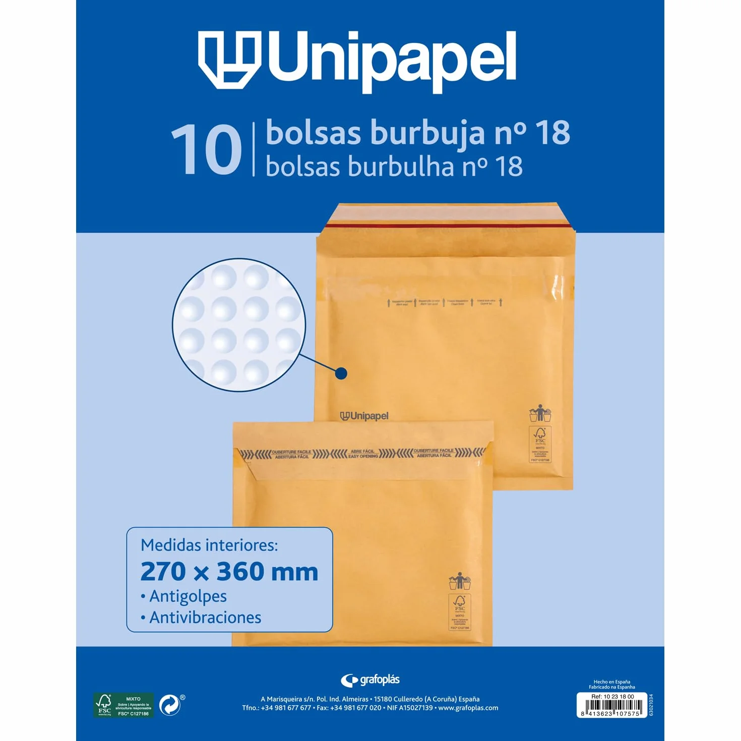 Sobres Acolchados Kraft con Papel de Burbujas Interior Nº 18 270x360mm Cierre Autoadhesivo Pack 10 Unidades FSC