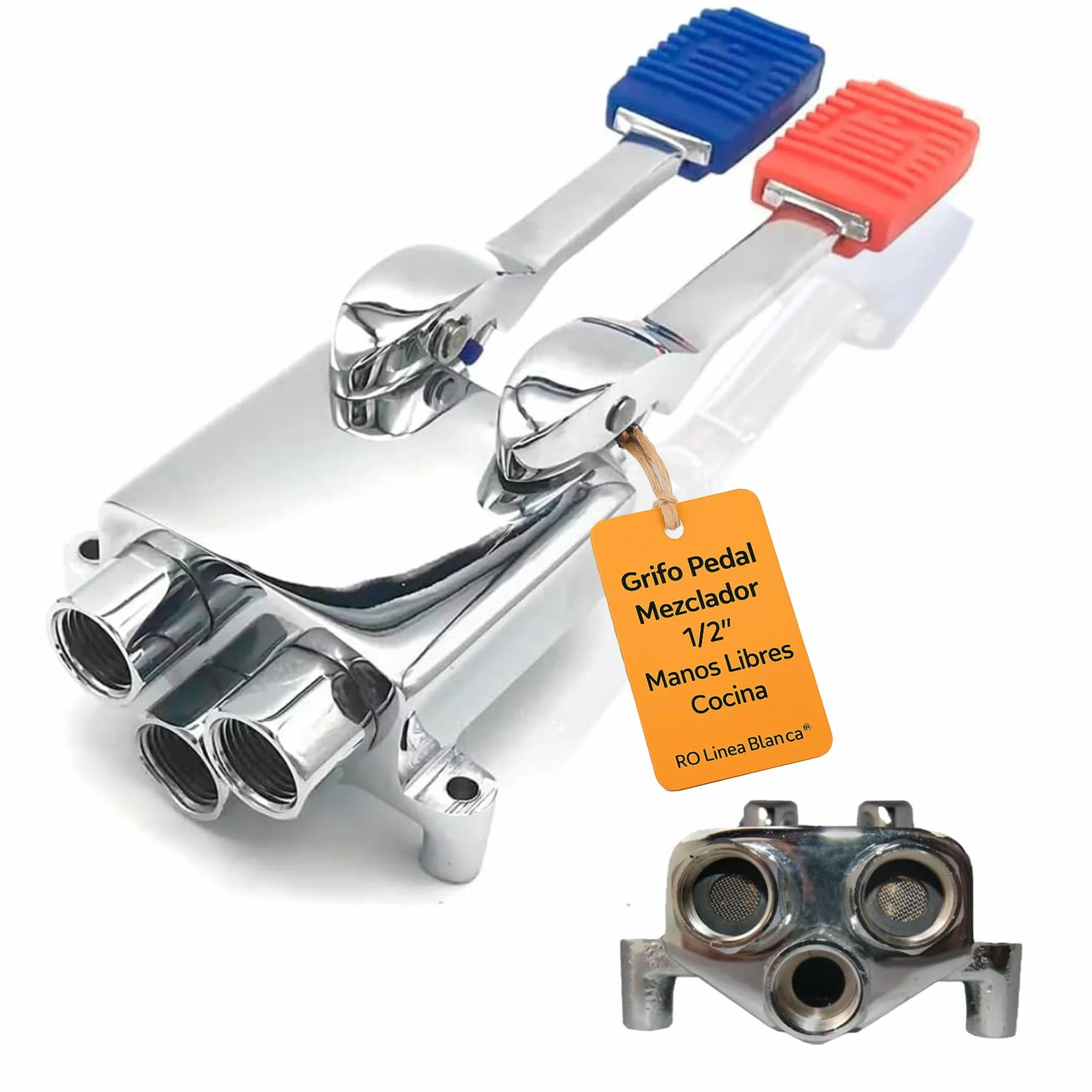 RO Linea Blanca Grifo Pedal Doble Mezclador Para Fregadero Acero Inoxidable Agua Fria Y Caliente Montaje En Suelo