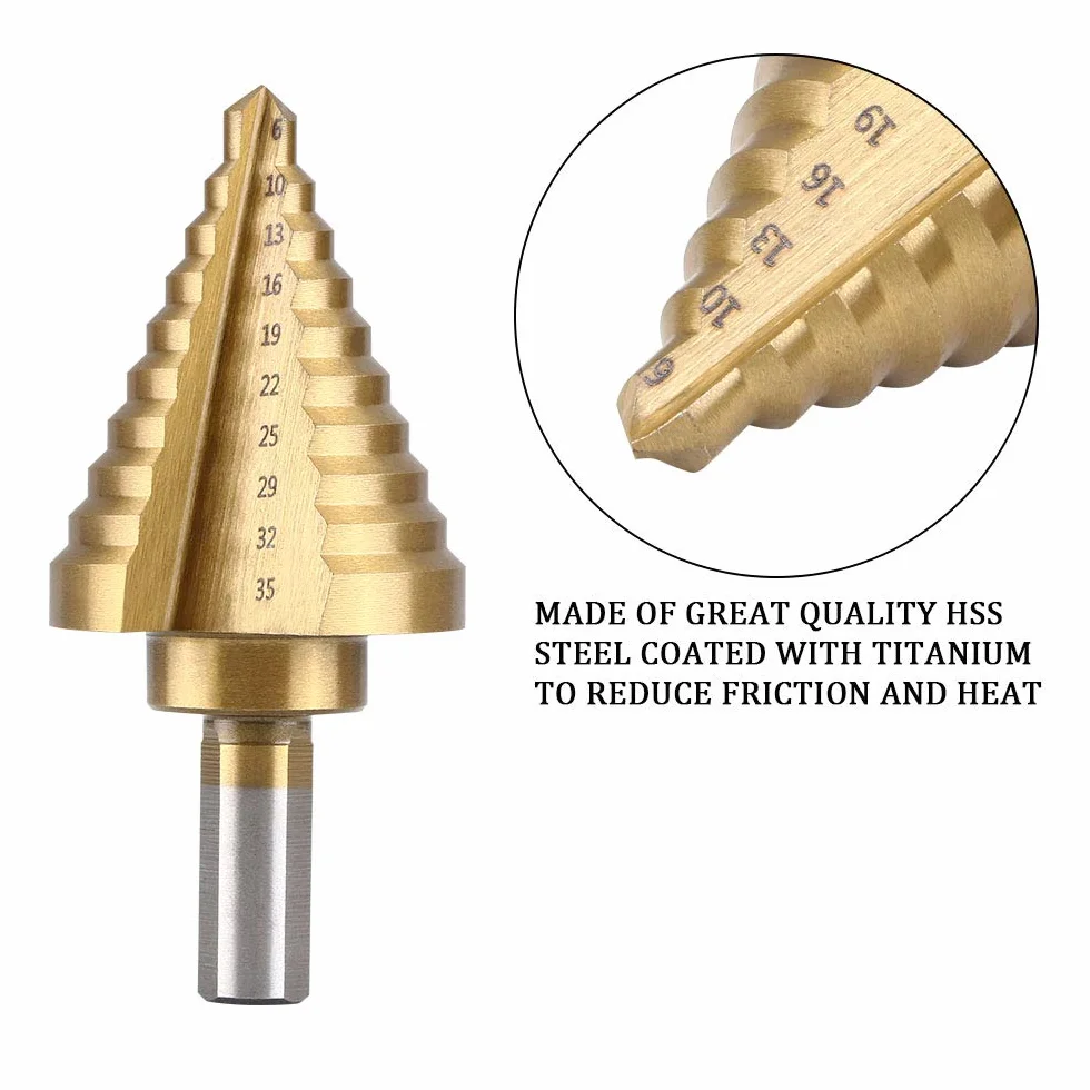 Flintronic - Broca escalonada, 5 unidades (5-13 mm, 3-13 mm, 6-19 mm, 5-22 mm, 6-35 mm), 1 perforadora central automática + 1 broca helicoidal, broca cónica de doble ranura recubierta de titanio Hss