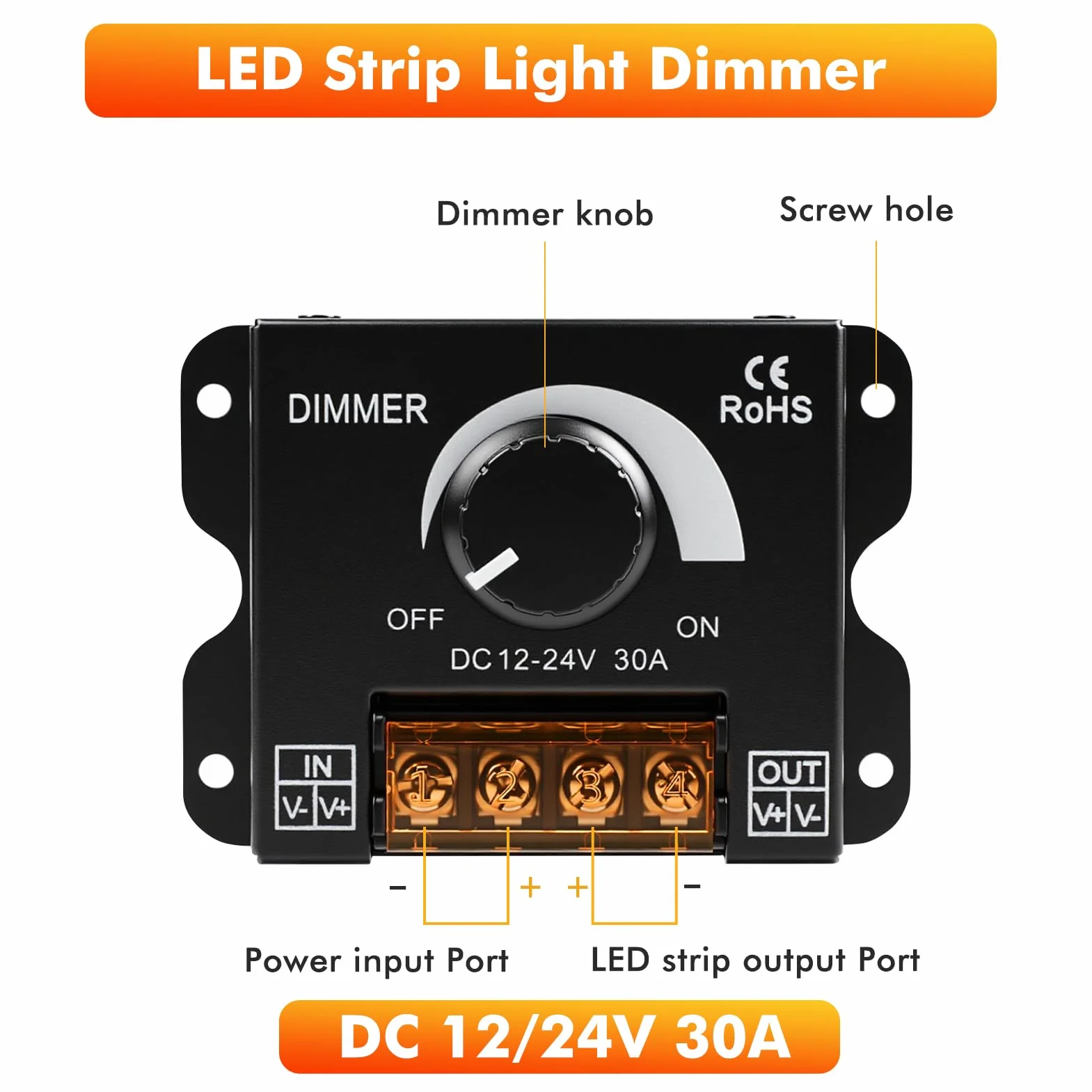 Controlador dimmer led DC12V-24V 30A PWM Dimming interruptor regulador de intensidad led con mando giratorio de ajuste de brillo Apto para tiras de luces LED