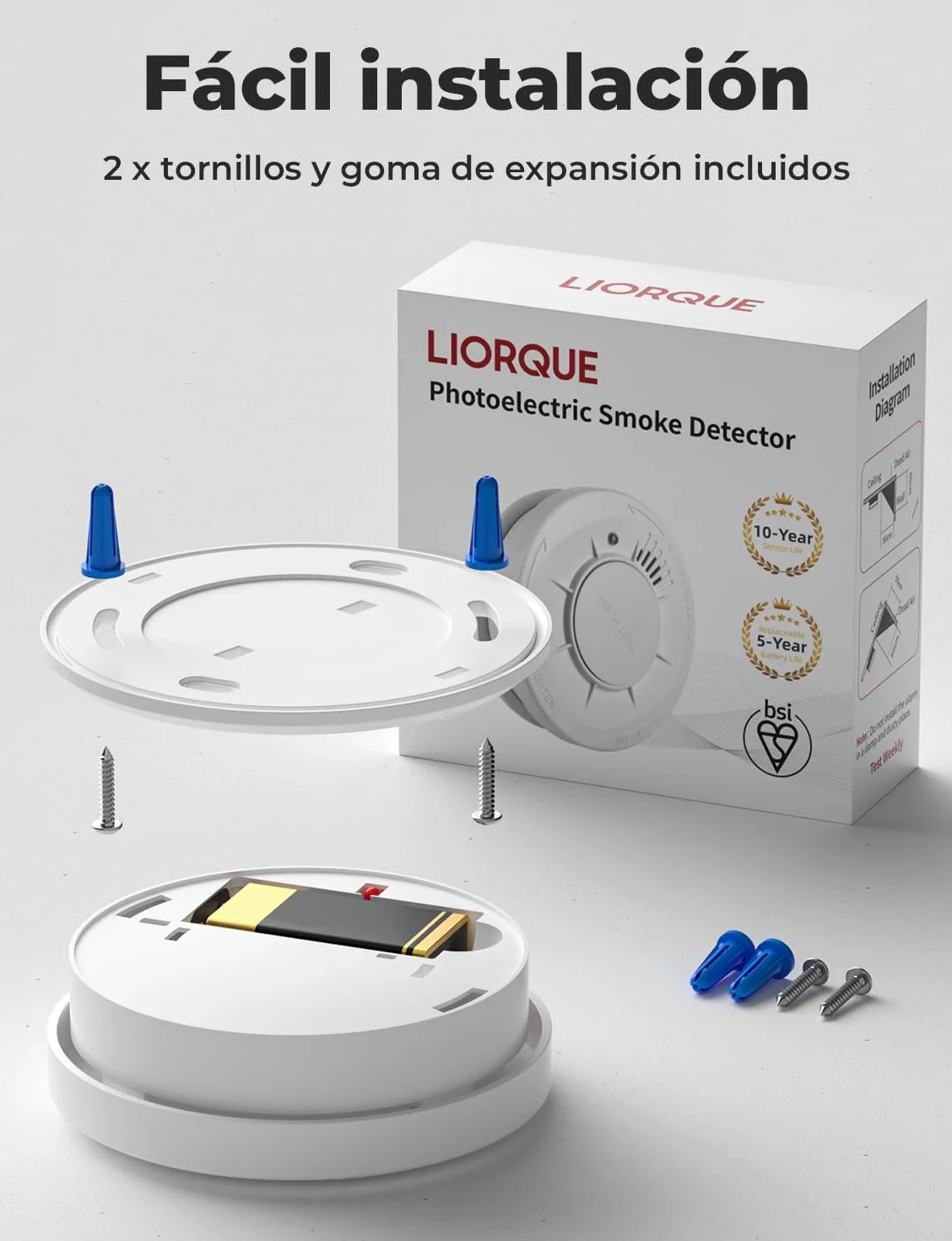 LIORQUE Detector de Humo, Alarma de Humo con Sensor de 10 Años, 5 Años de Duración de Batería, Detector Incendios with LED Indicator con Alarma de 85 dB (1 Pieza)