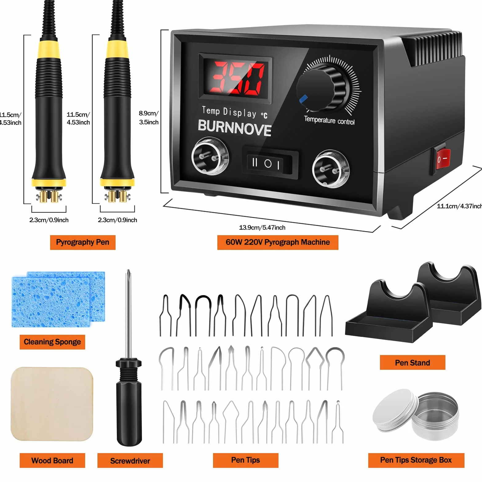 BURNNOVE Máquina de pirograbado 60W, 2 Bolígrafos, 33 Puntas de Alambre de Pirograbado, Doble Puerto, Kit Pirograbador de Madera Control de Temperatura Ajustable para Madera, Cuero, Grabado