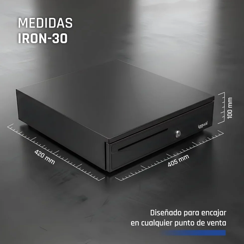 iggual Cajón Portamonedas IRON-30 Caja Efectivo Registradora Manual Automática 5 Billetes 5 Monedas Cerradura 3 Posiciones Acero Plástico Negro 42x40.5x10