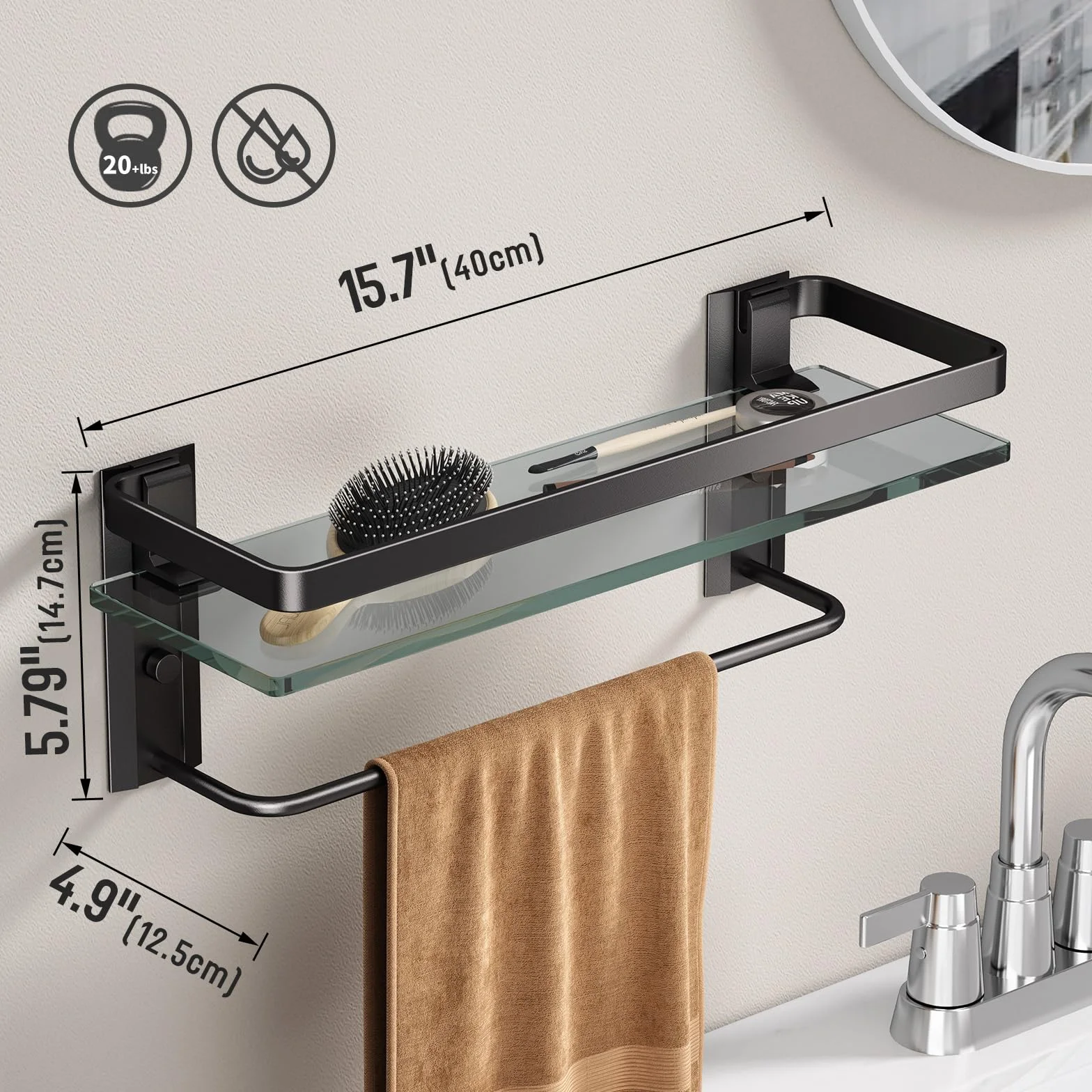 Danpoo Estantes de baño de cristal montado en la pared con toallero, estante organizador de baño, color negro