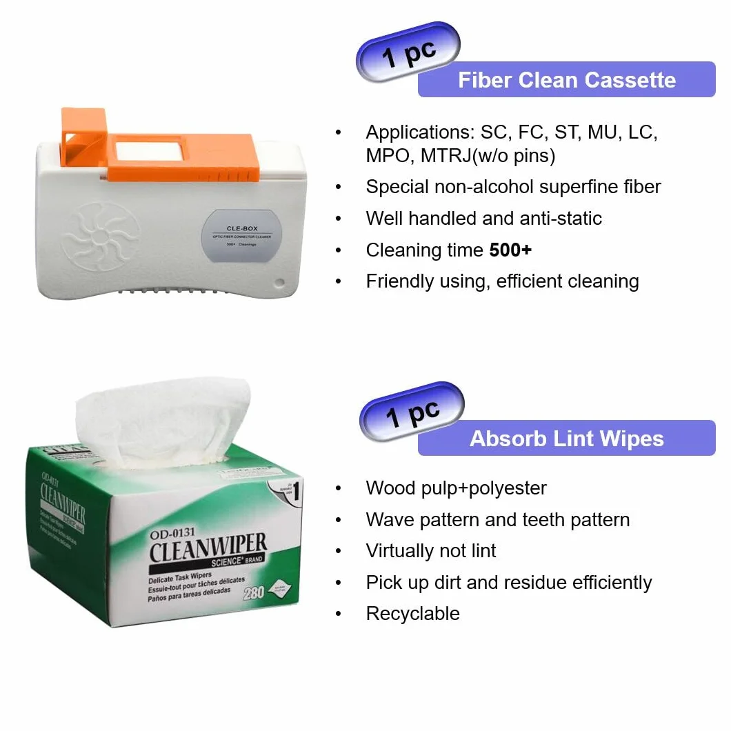 Fiber Optic Cleaners Kit de limpieza de fibra óptica 1.25mm/2.5mm One Click Cleaner Pens limpiador para fibra óptica Herramientas con Cleaning Casete Sticks Wipes para conectores FC SC ST LC MU