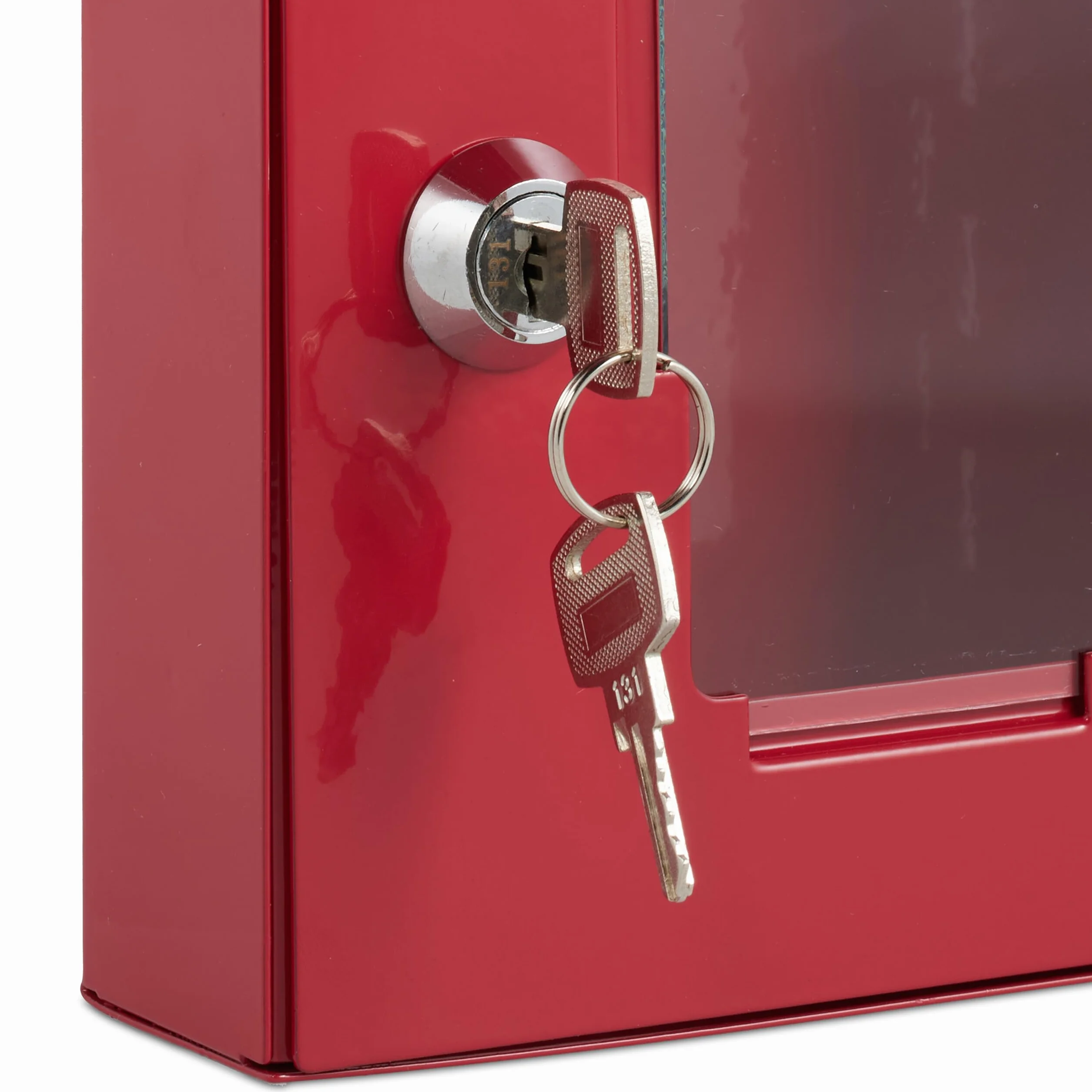 Relaxdays Caja para Llave de Emergencia, Cajetín con Ventana de Vidrio y Rompecristales, Cerradura, Cajita Metal, Rojo