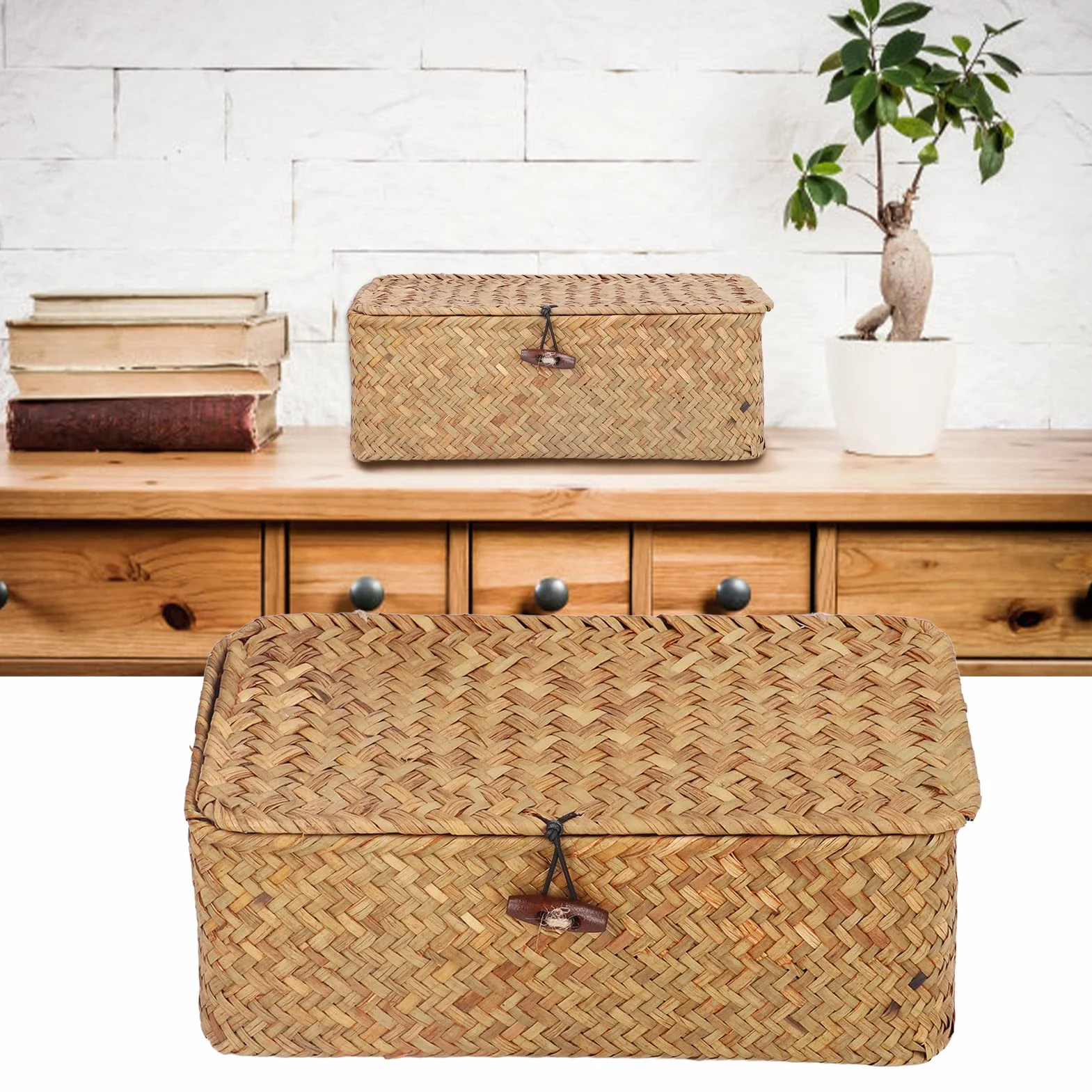 Cesta de Mimbre Rectangular con Tapa Organizador Almacenamiento Hogar Jardín Hecho a Mano