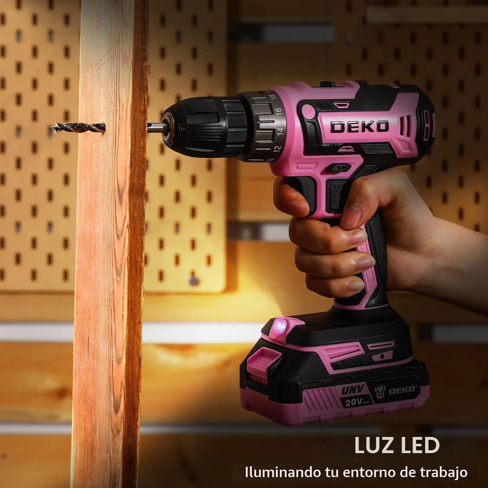 Taladro Inalámbrico, DEKOPRO 20V Taladro Atornillador Bateria con 1 Baterías y Cargador, 40 Nm, 2 Velocidad y LED, Adecuado para Bricolaje en Casa y Jardín,Rosa