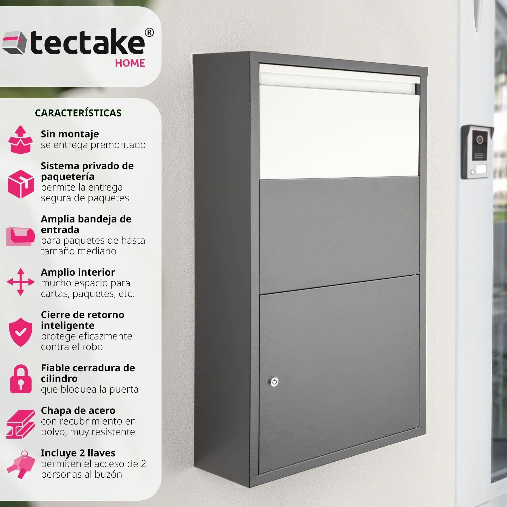 tectake® Buzón Exterior XXL, Buzón para Paquetes y Cartas, Cerradura de Cilindro Antirrobo con 2 llaves, Buzón Correos Premontado, Chapa de Acero, Robusto, Espacioso, 44x22x82 cm, Entrega sin Contacto