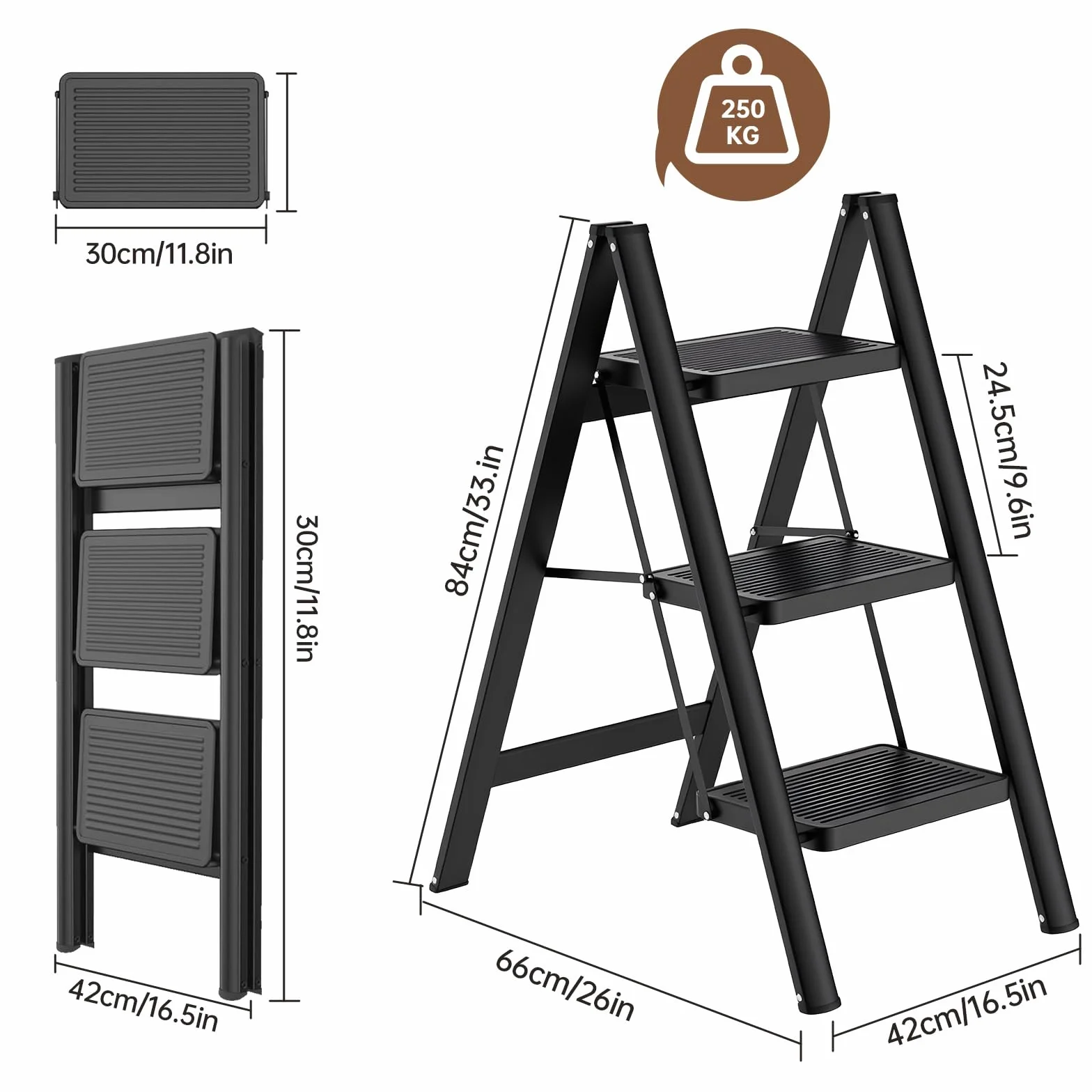 Escalera plegable en 3 peldaños, portátil, capacidad de 250 kg, con pedal ancho antideslizante, para el hogar, cocina, oficina, garaje