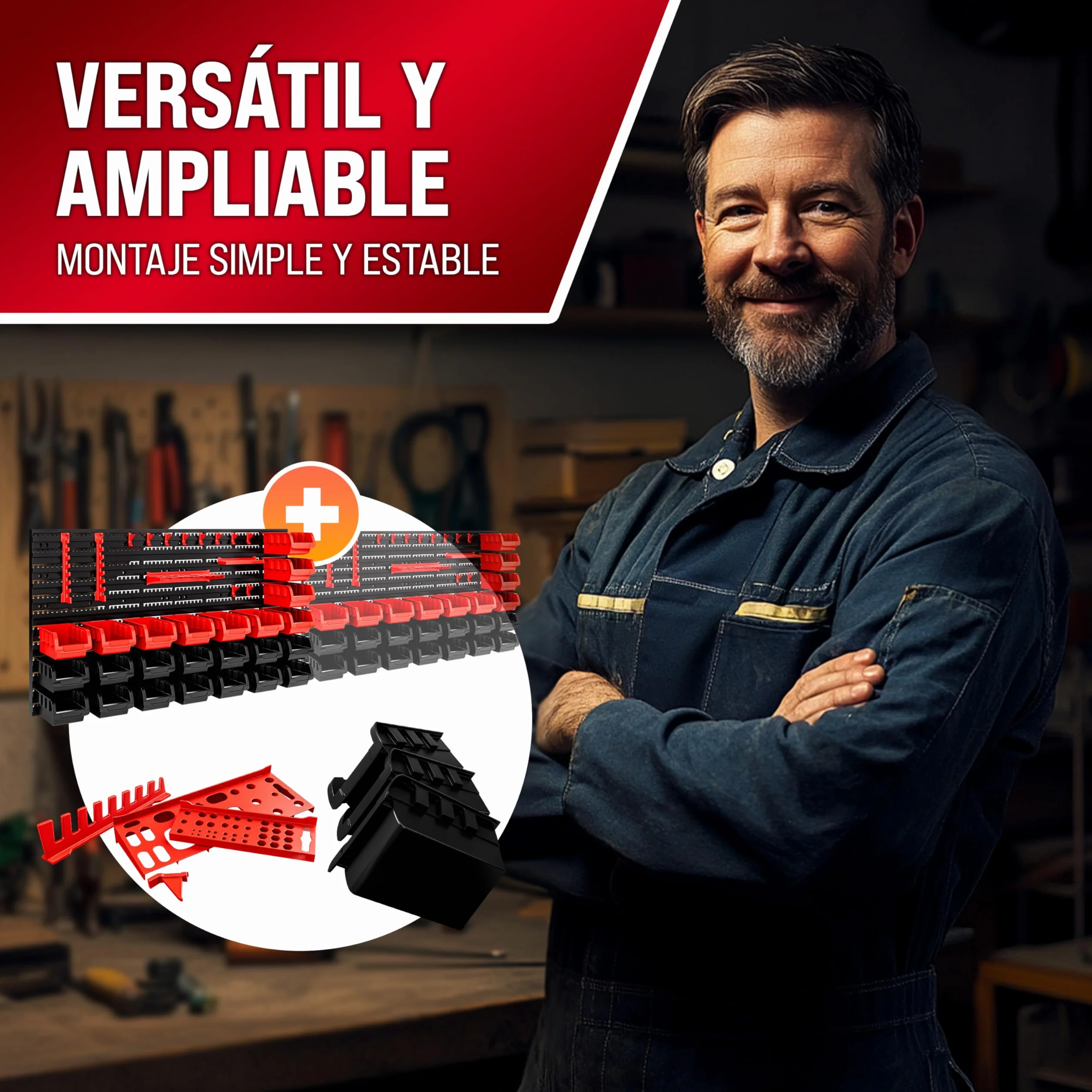 DEUBA® Organizador de Herramientas de Pared Cajas Apilables Paneles Perforados Ampliable Portaherramientas Sistema Almacenamiento Taller 43 Pzas