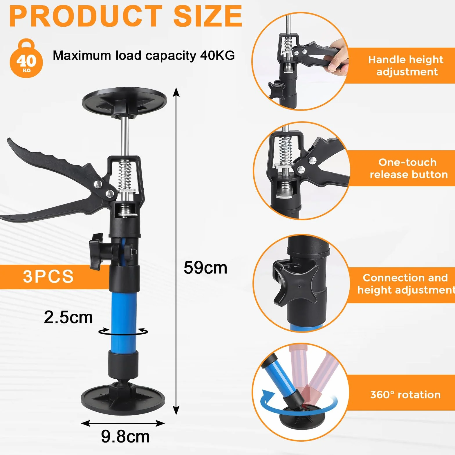 3 Piezas Puntal Telescopico, Puntales Extensibles Techo, Soporte Telescópico, Puntal Expansión, Capacidad de peso 40KG, Estiramiento 30-59 cm, para Apoyar Marcos de Puertas, Armarios