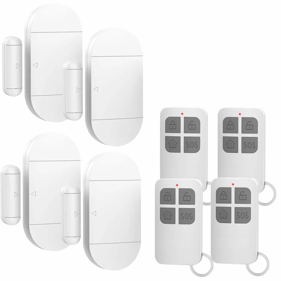 Shackcom 4pcs Alarma para Puertas y Ventanas con Control Remoto para casa con Sensor Magnético Inalámbrico para Sistema de Seguridad para el hogar - Antirrobo Detectores Sirenas con Pilas-130db