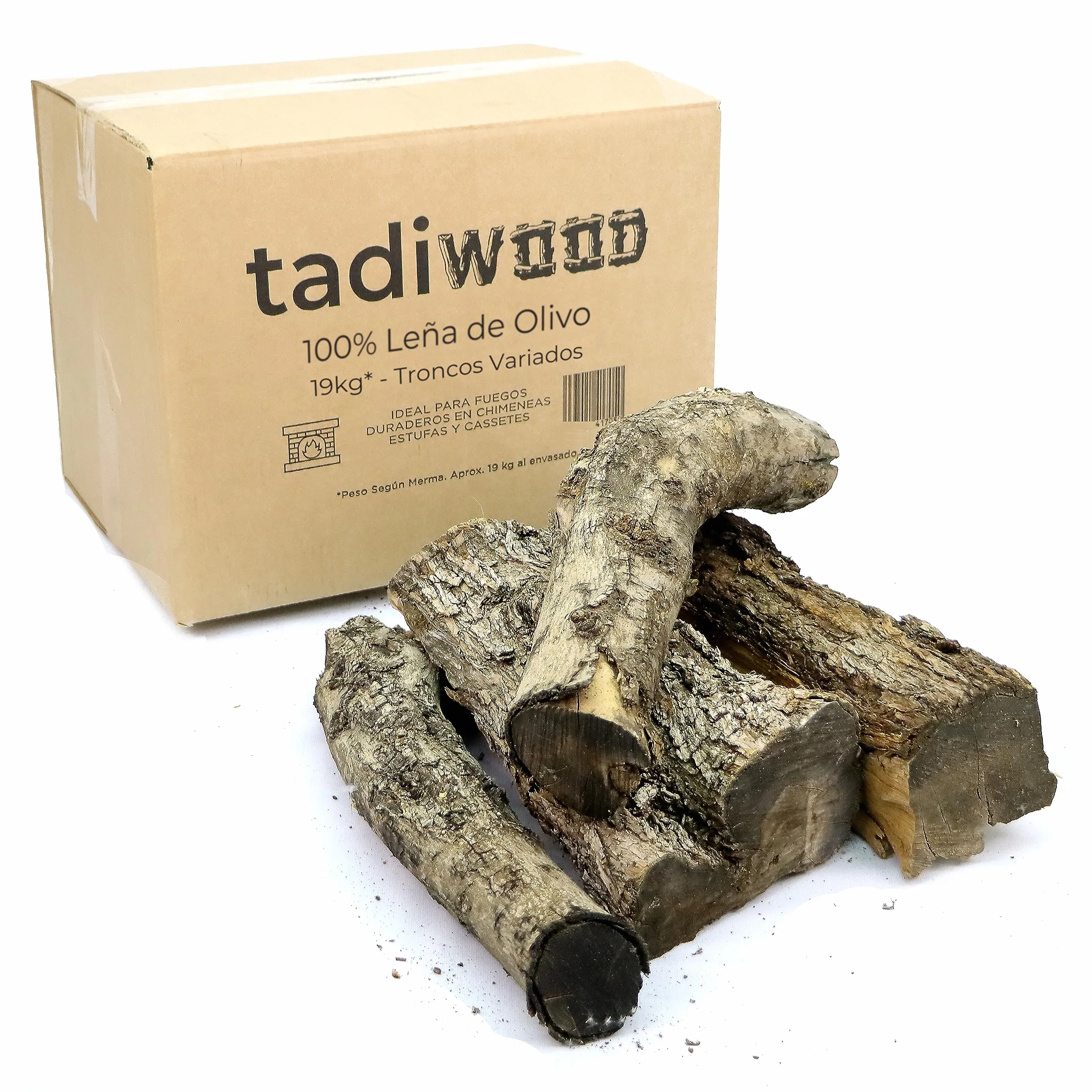 19kg Leña de Olivo, Troncos Medios. Ideal para hornos de Piedra y Todo Tipo de Chimeneas, Estufas y Cassetes. Enviada en Caja de cartón reciclada y reciclable.