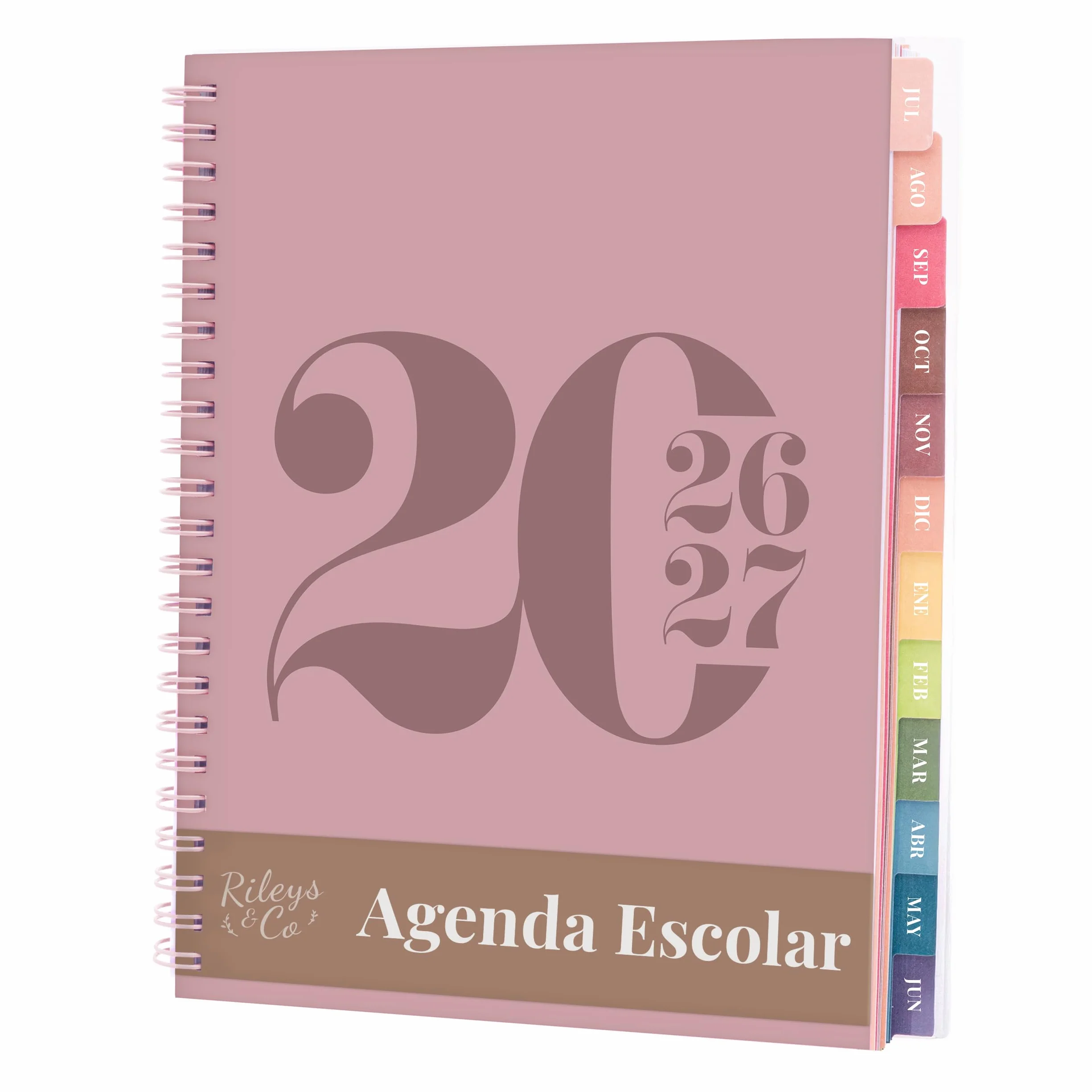 Agenda Escolar 2026–2027 Rileys, Planificador Diario Académica con Anillas, 20 × 15 cm Rosa Tipográfico