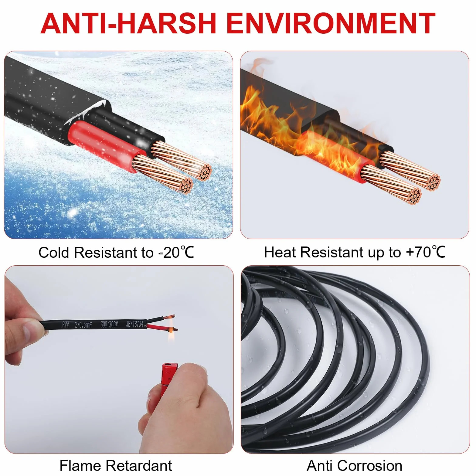 Cable Plano Gemelo de 2 Núcleos 2×0,5 mm² Cobre 5V 12V 24V 60V para Barco Automotriz Rojo/Negro