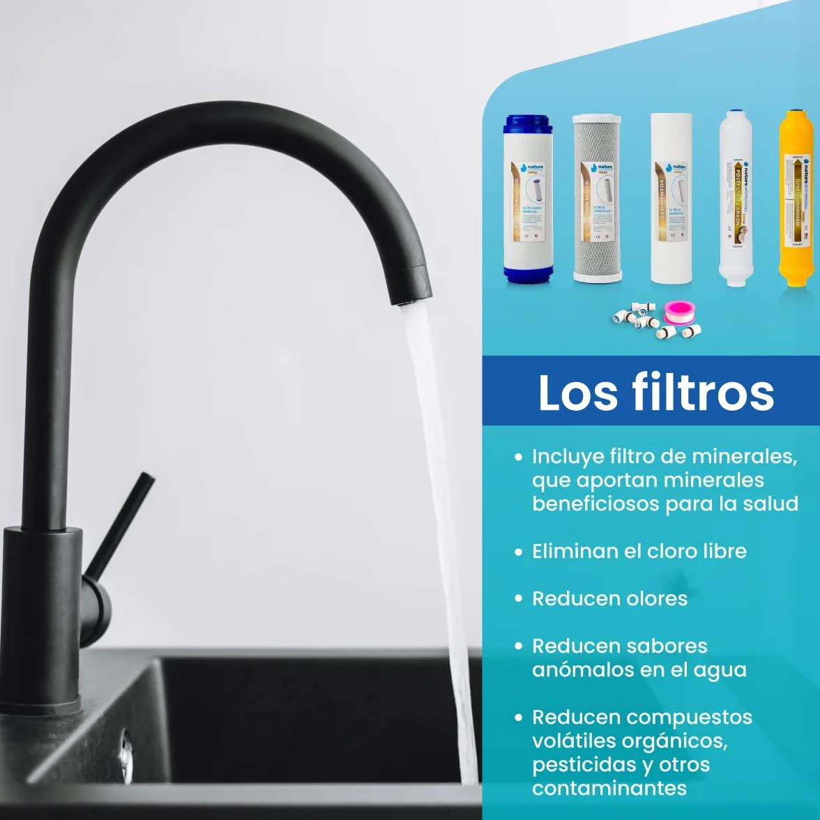 Kit de 5 Filtros Universales para Osmosis Inversa - Incluye Rollo de Teflón, Conectores y T - Ideal para Equipo de 6 Etapas Universal - Nature Water Professionals