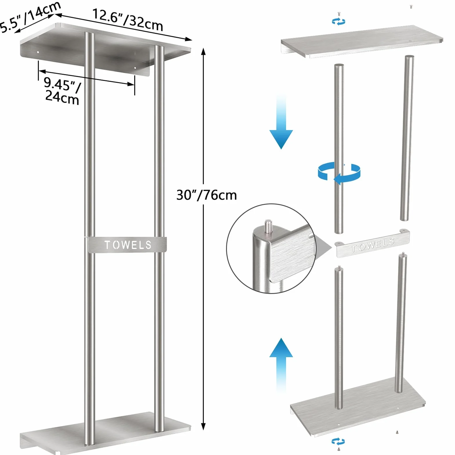 STWWO Toallero de Baño de Pared 76cm Toallero Vertical con Estante Plata Almacenamiento para Toallas enrolladas Baño Soporte para Toallas de Mano Grandes Toallas de Playa, Metal