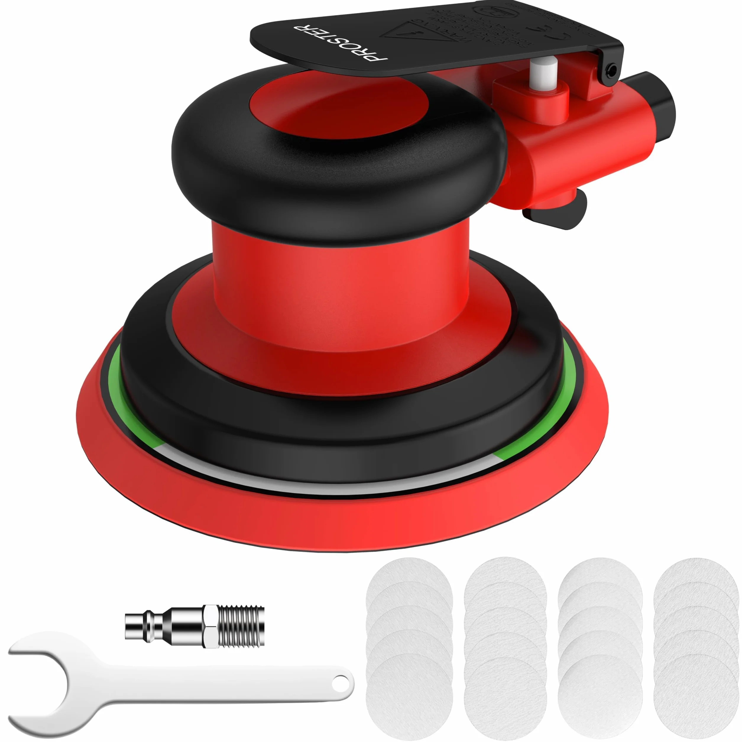 Proster Lijadora Orbital Neumática 12000RPM 5pulgadas Lijadora Rotorbital con 20 Papeles de Lija(80-320 Grano) y Control de Velocidad Variable para Preparación de Pintura de Coches,Lijado de Madera