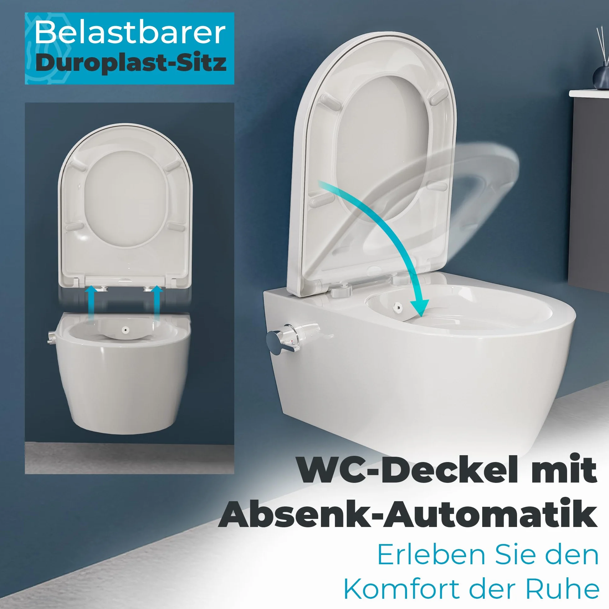 SSWW Taharet - Con Grifos y asiento extraíble Softclose | Ducha para inodoro suspendida | WC con función bidé | Higiénico | Alfa sin borde | 540 x 360 x 330 mm