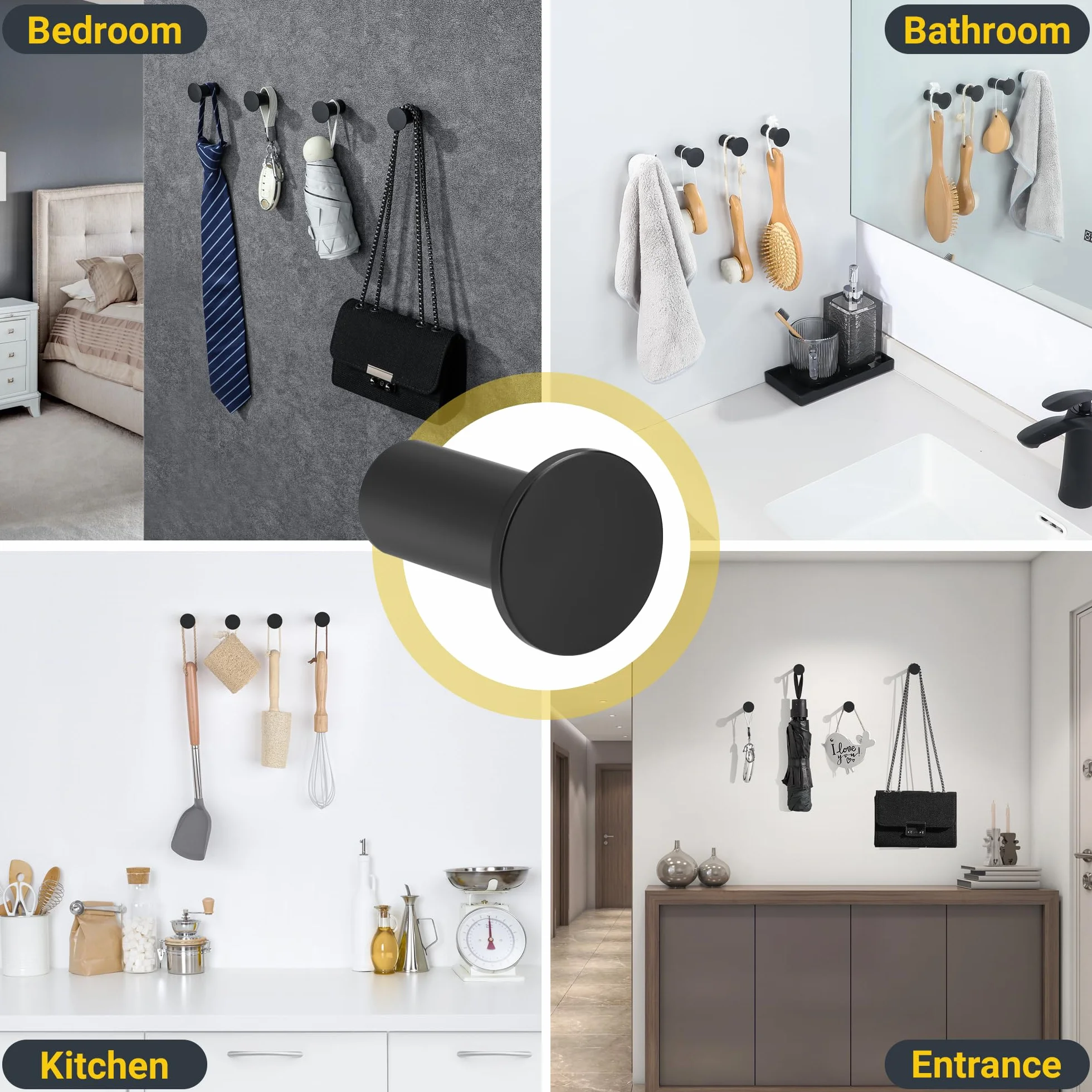 SAYAYO Gancho Pared, Colgador Toalla Baño Negro, Ganchos para Abrigos SUS304 Acero inoxidable Ganchos de Pared para Atornillar Ganchos para Baño, Cocina, Dormitorio, 2 Piezas